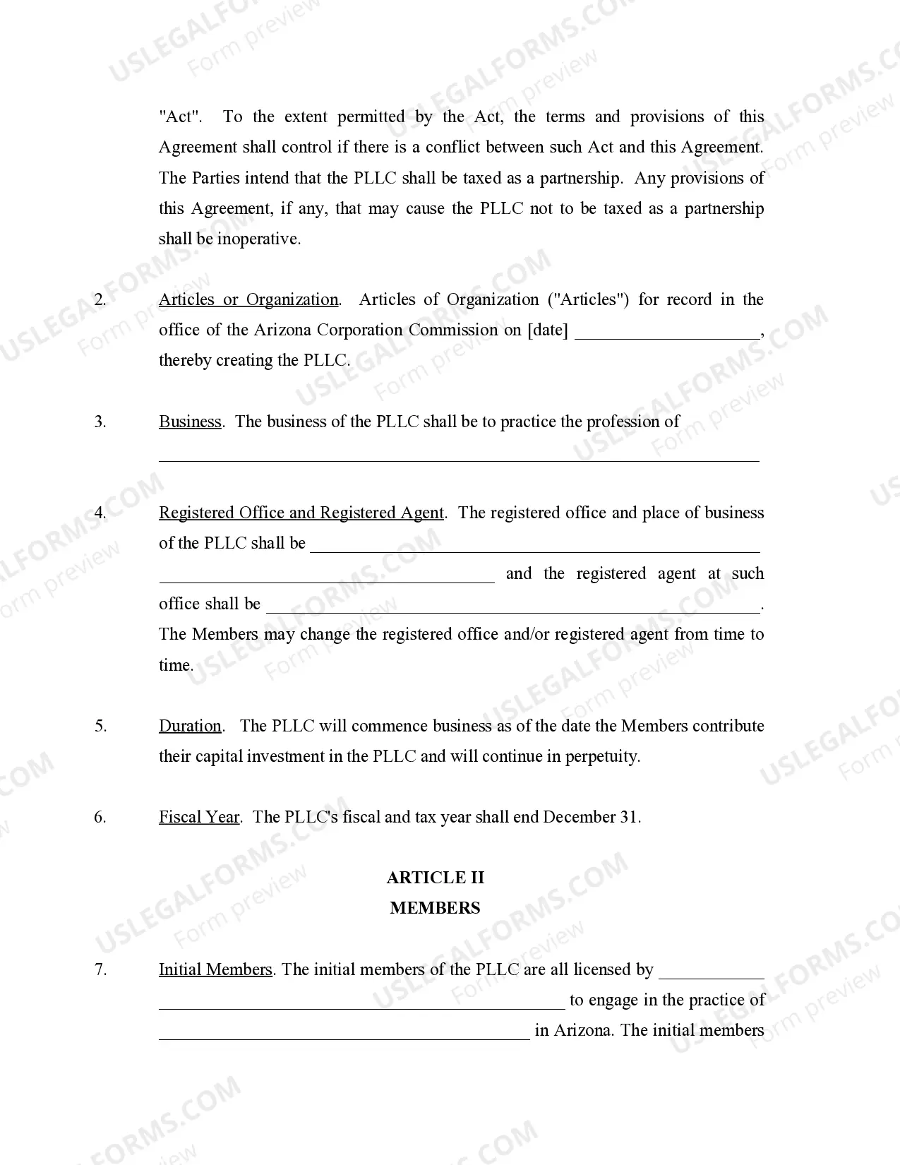 Preview Sample Operating Agreement for Professional Limited Liability Company PLLC