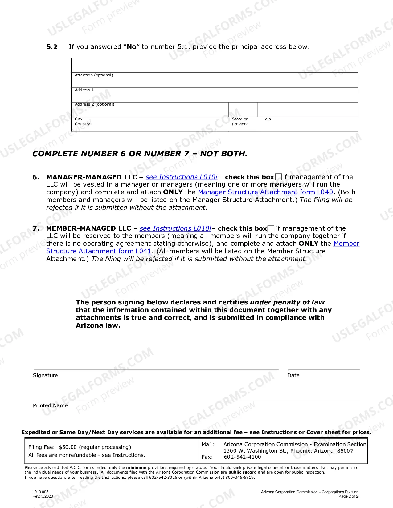 Preview Articles of Organization for an Arizona Professional Limited Liability Company PLLC