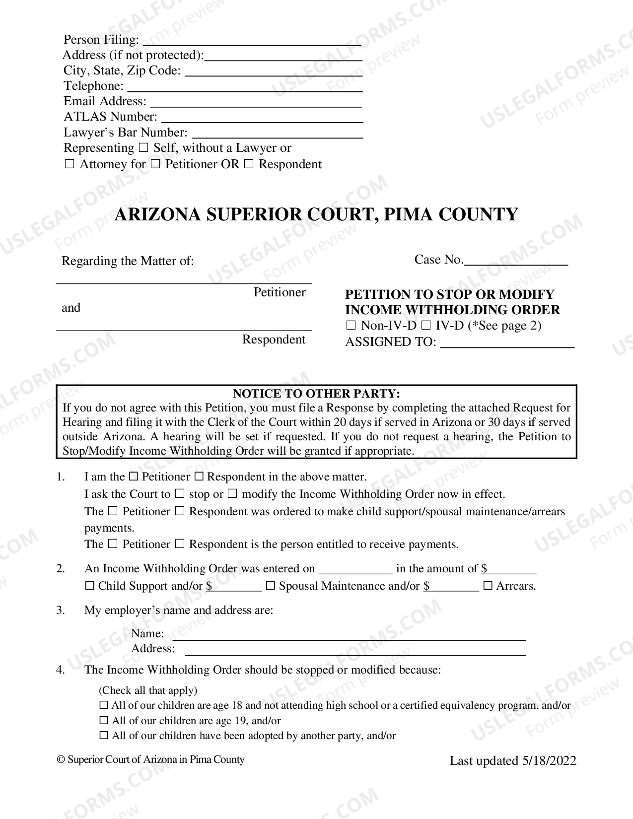 Preview Petition to Stop Income Withholding Order