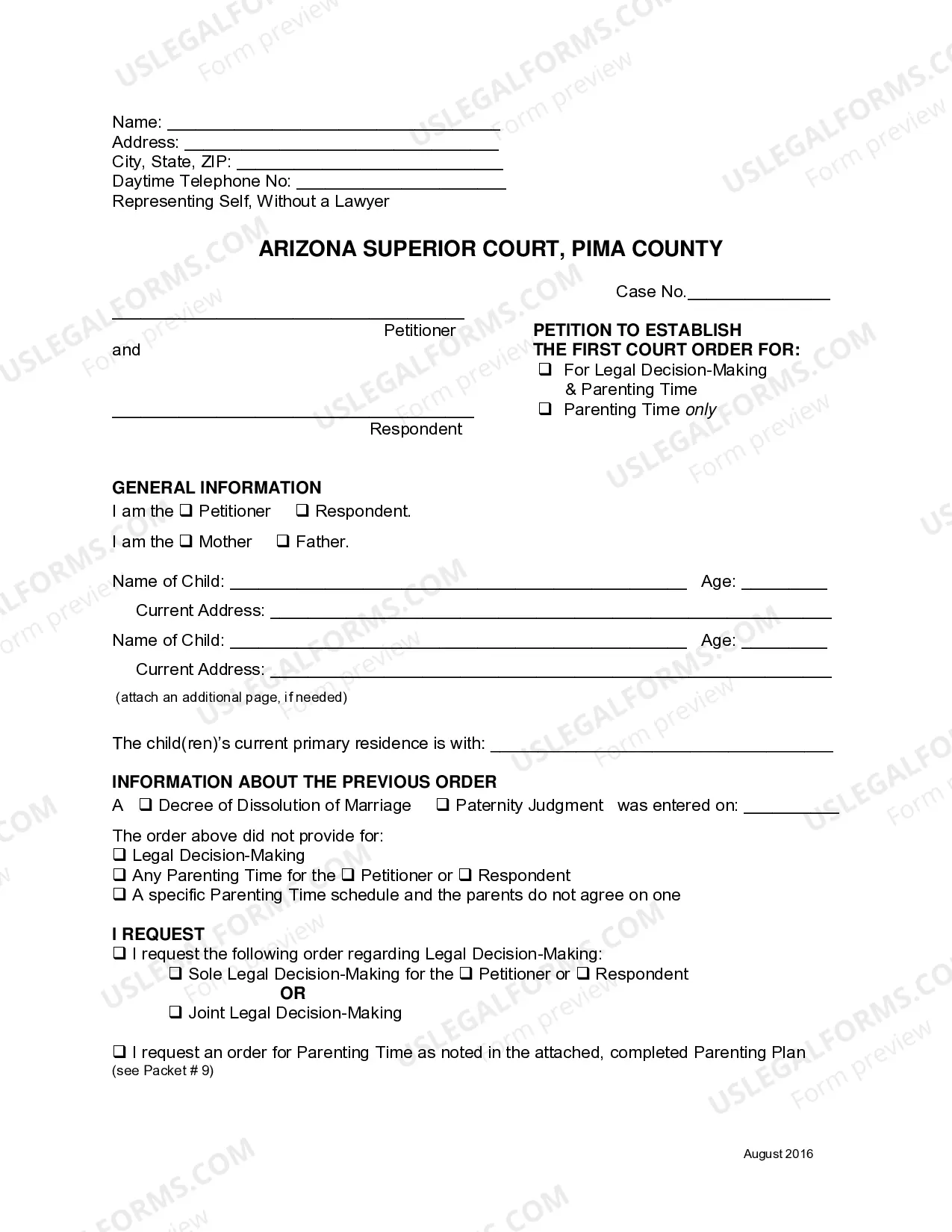 Preview Petition to Establish Legal Decision-Making and Parenting Time