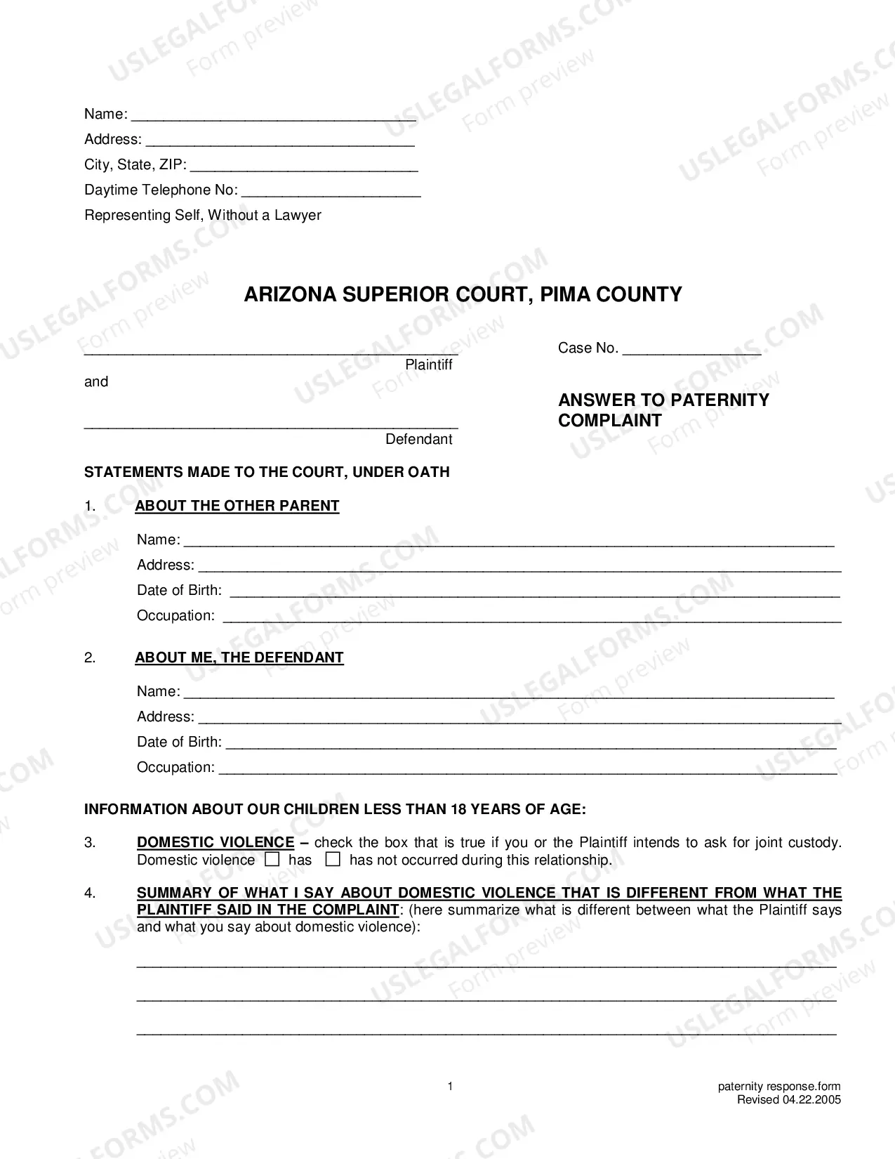 Preview Answer To Paternity Complaint