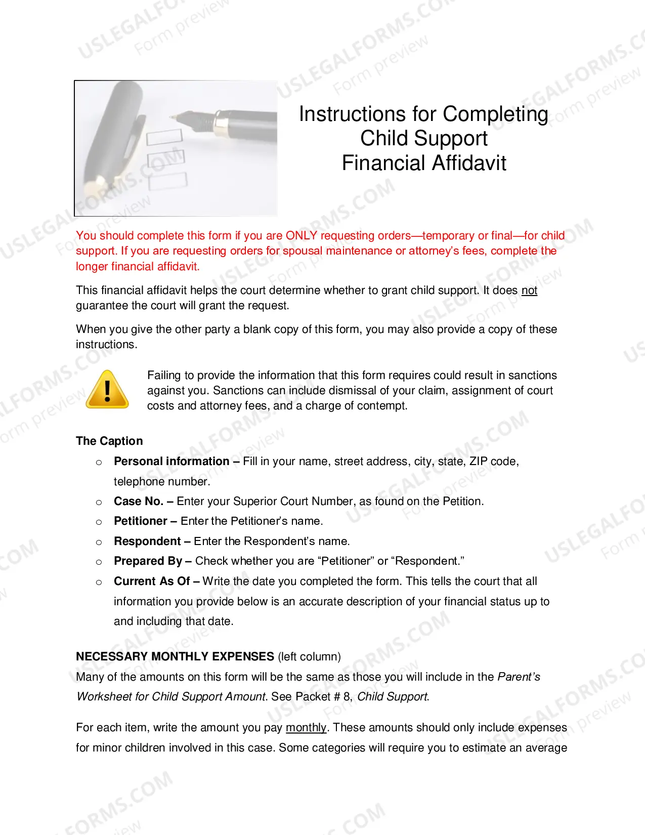 Preview Child Support Financial Affidavit