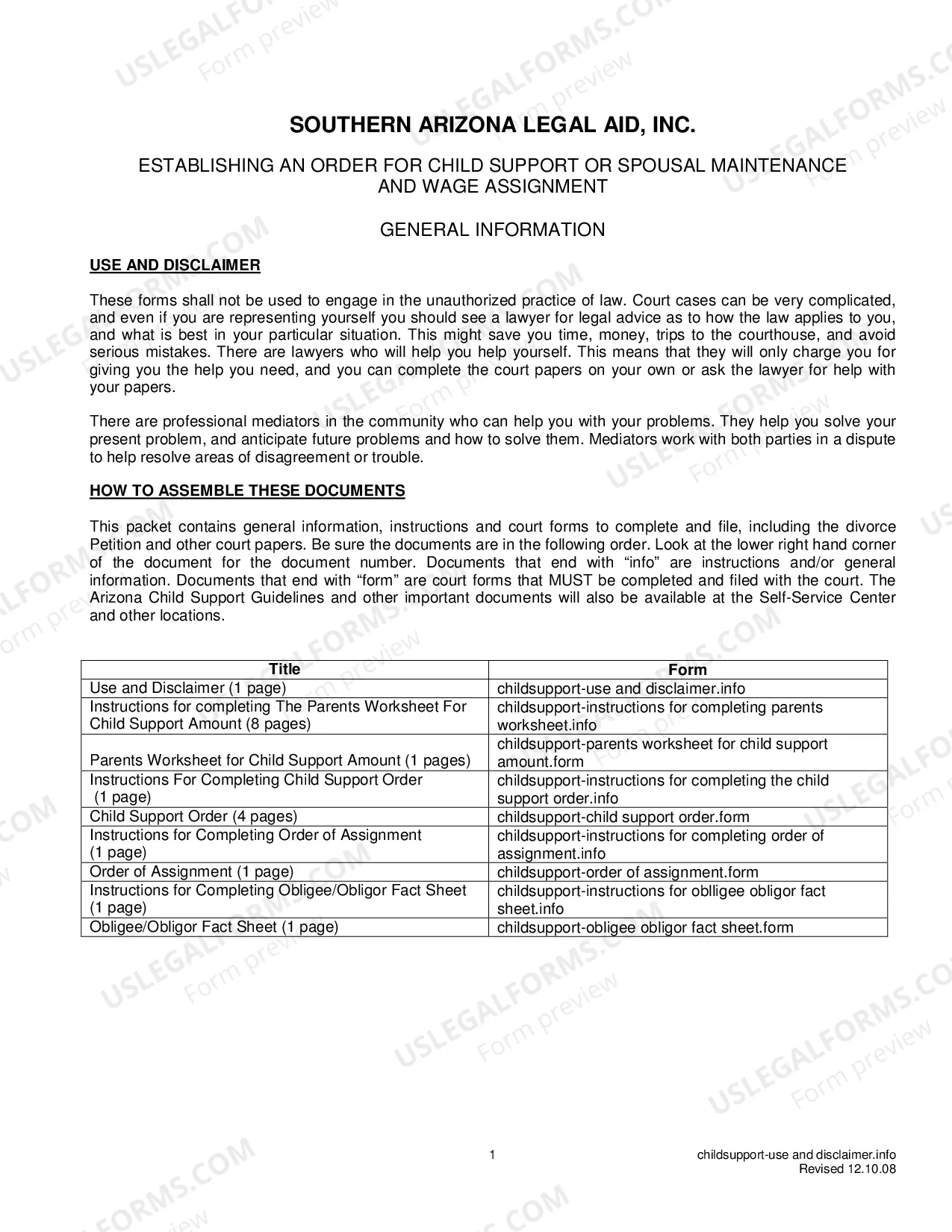 Preview Packet - ESTABLISHING AN ORDER FOR CHILD SUPPORT OR SPOUSAL MAINTENANCE AND WAGE ASSIGNMENT