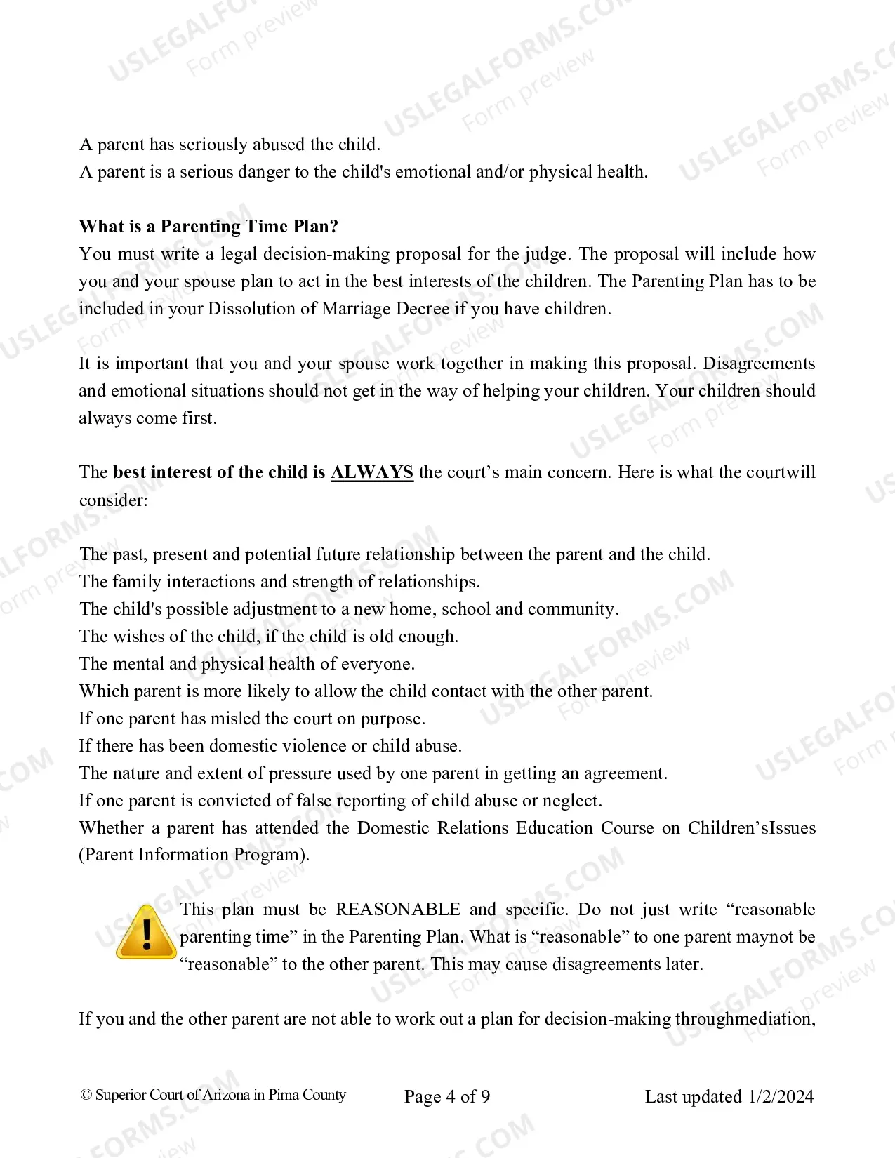Preview Parenting Plan And Joint Custody Agreement