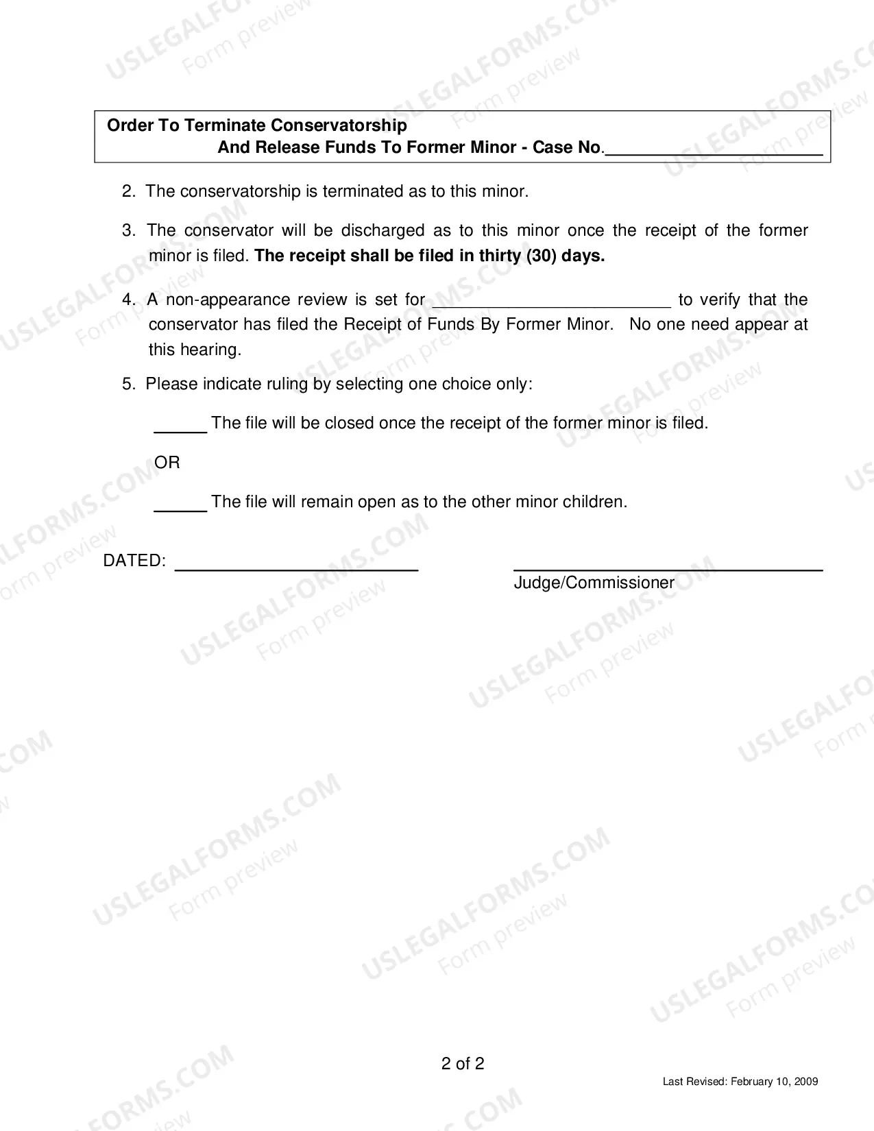 Preview Order to Terminate Conservatorship and Release Funds to Former Minor