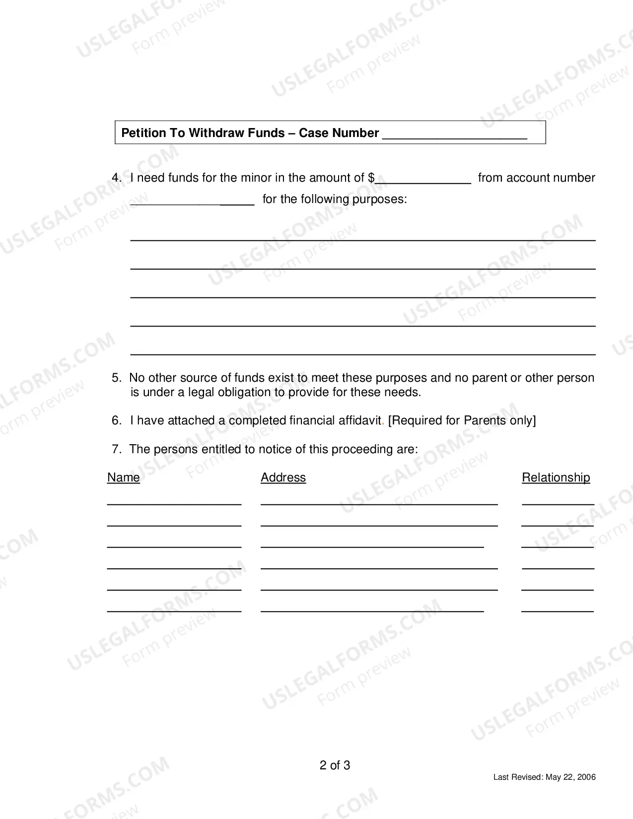Preview Petition to Withdraw Funds