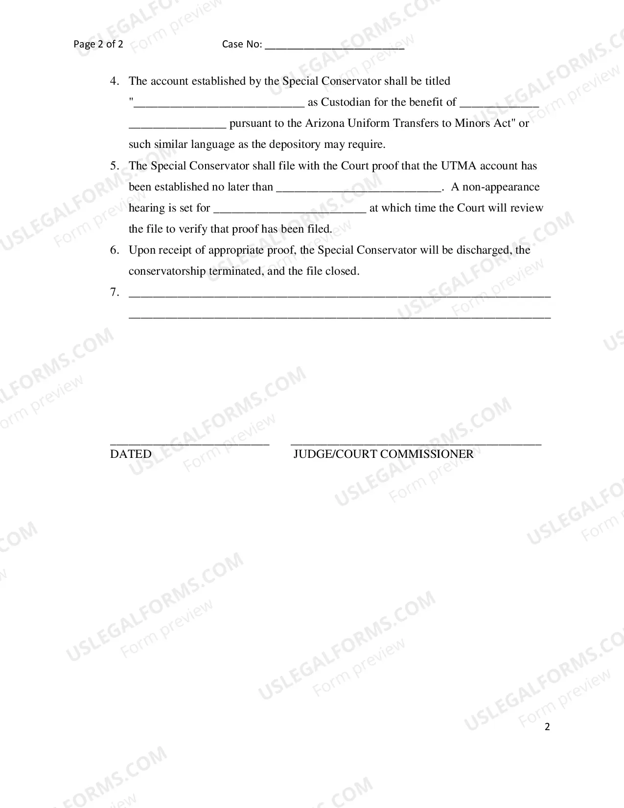 Preview Order Appointing Special Conservator and Authorizing Deposit of Funds into a UTMA Account