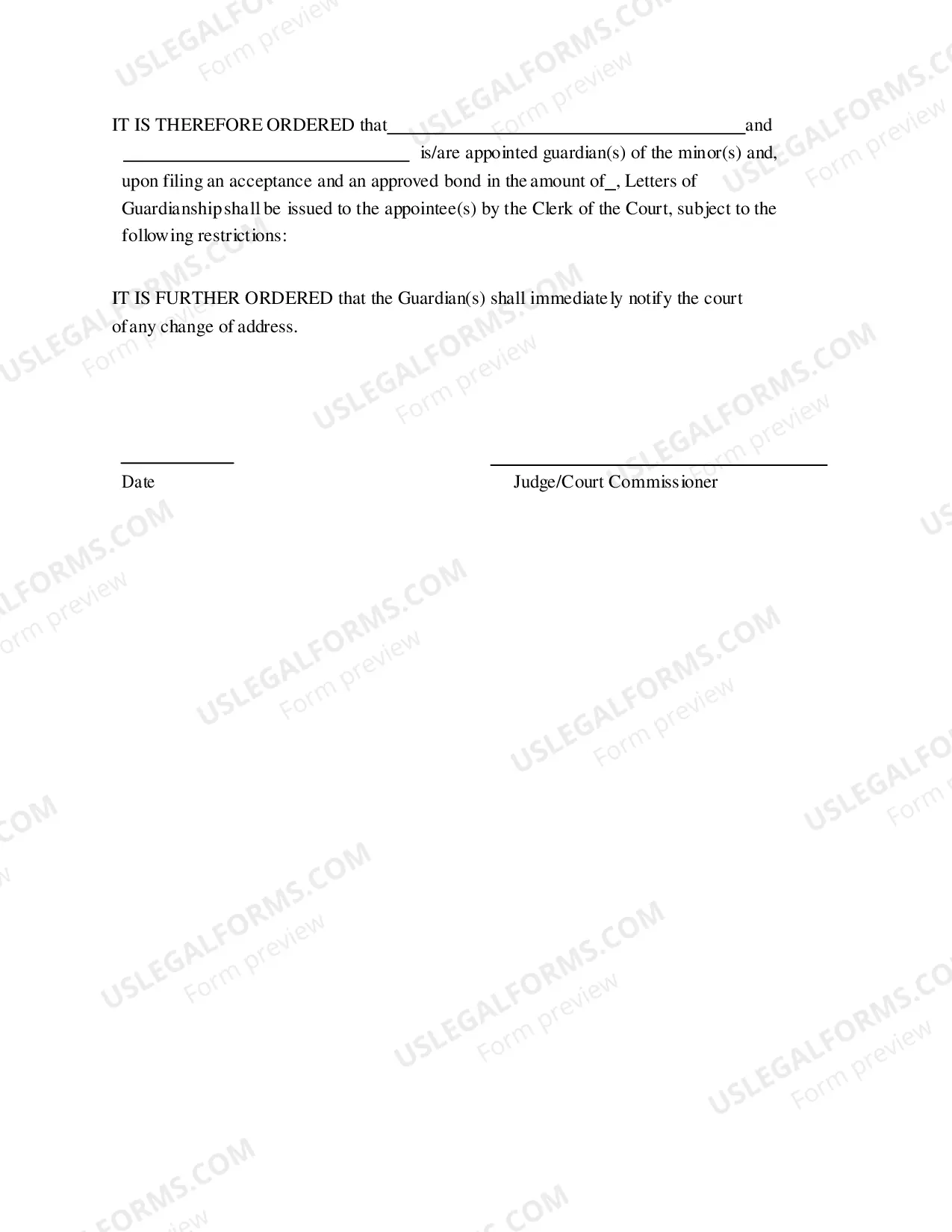 Preview Order Appointing Guardian of Minor