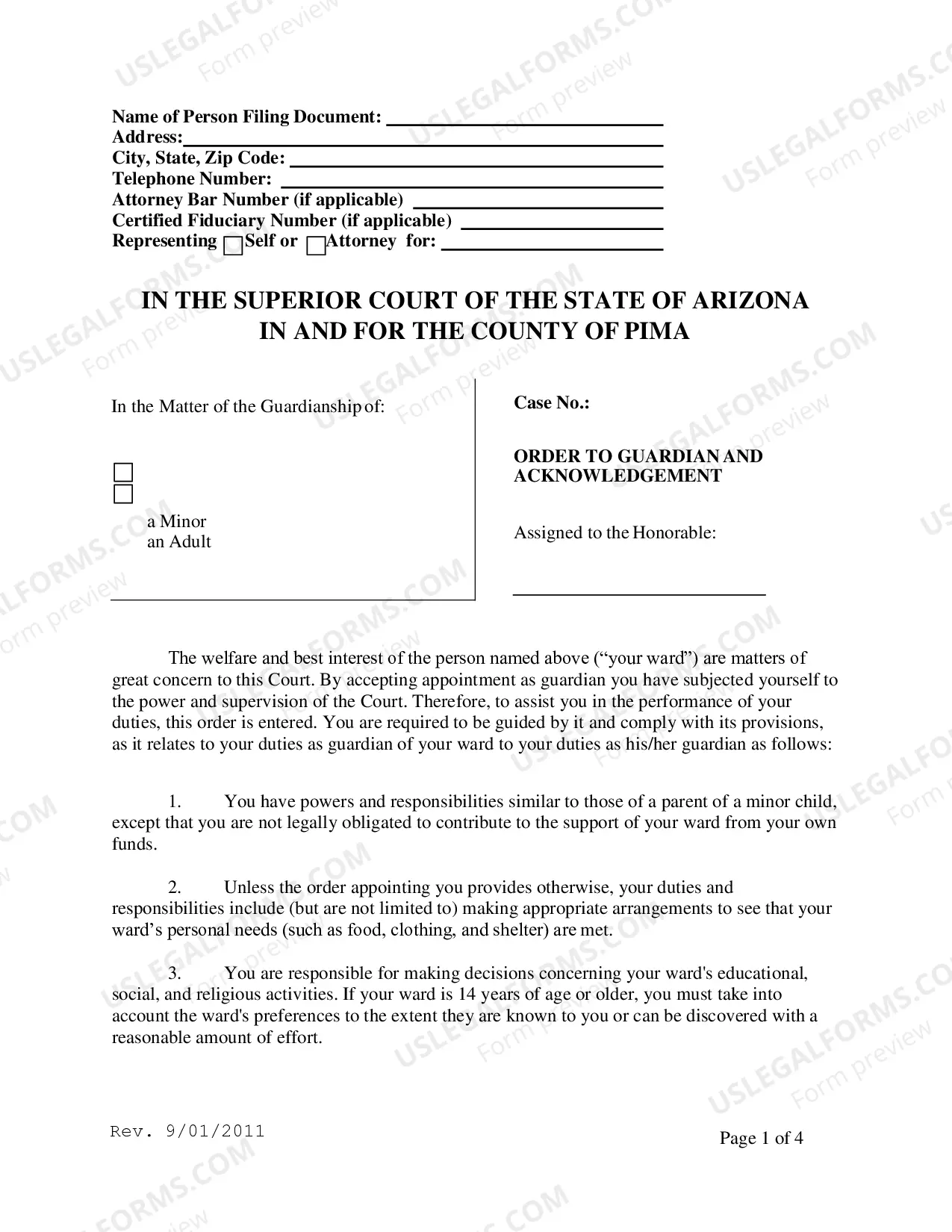Preview Order to Guardian and Acknowledgement