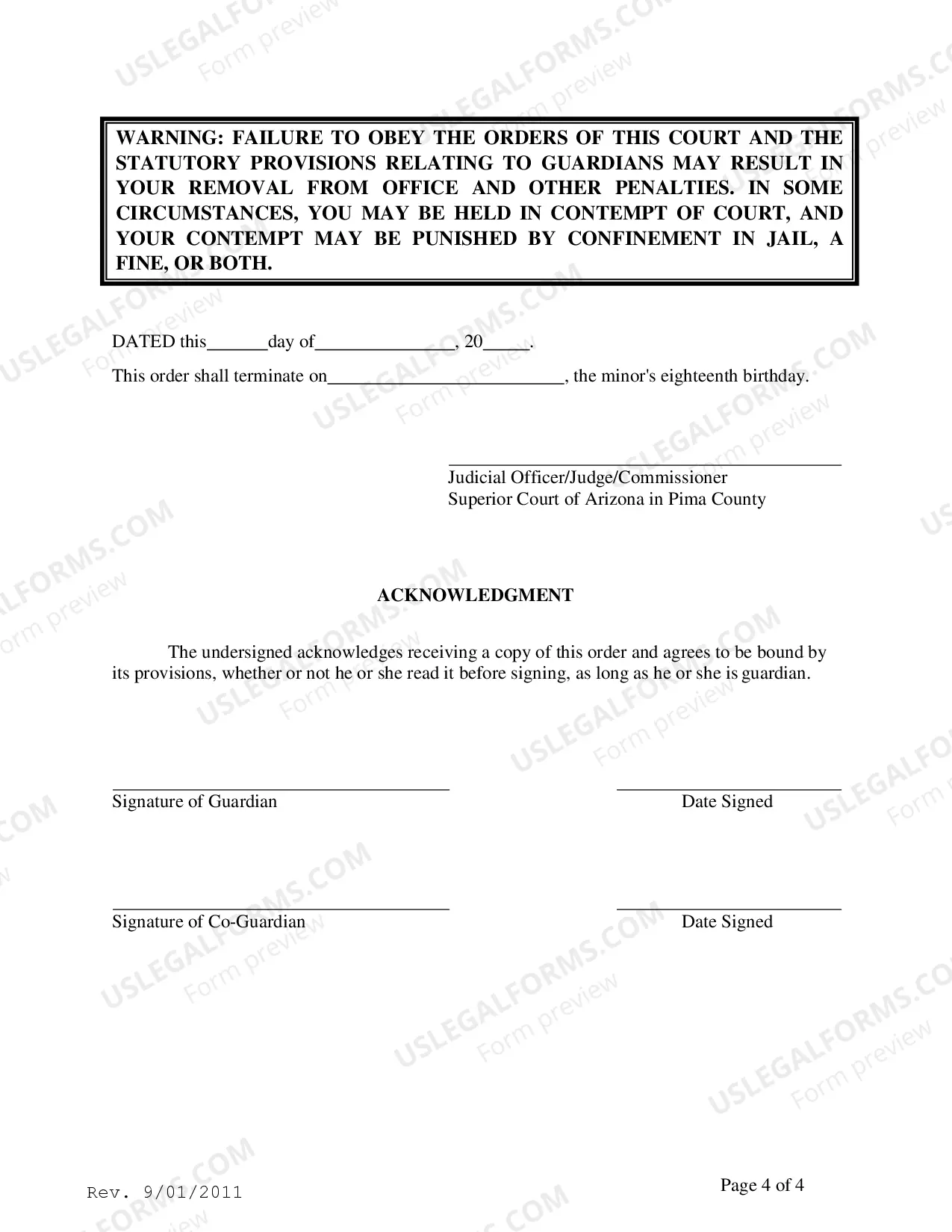 Preview Order to Guardian and Acknowledgement