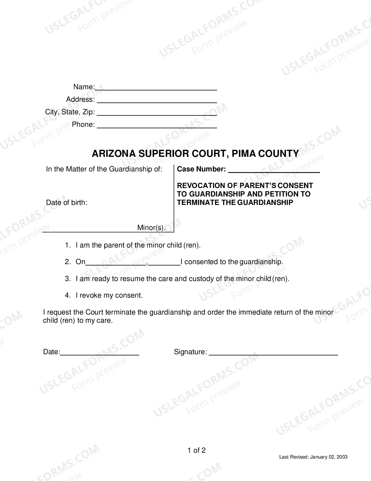 Preview Revocation of Parent's Consent to Guardianship Petition to terminate guardianship