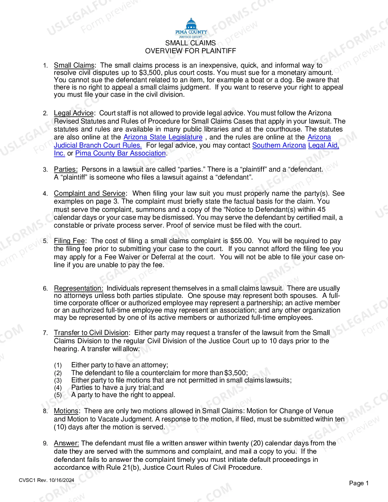 Preview Small Claims Summons and Complaint, and Instructions for Plaintiff