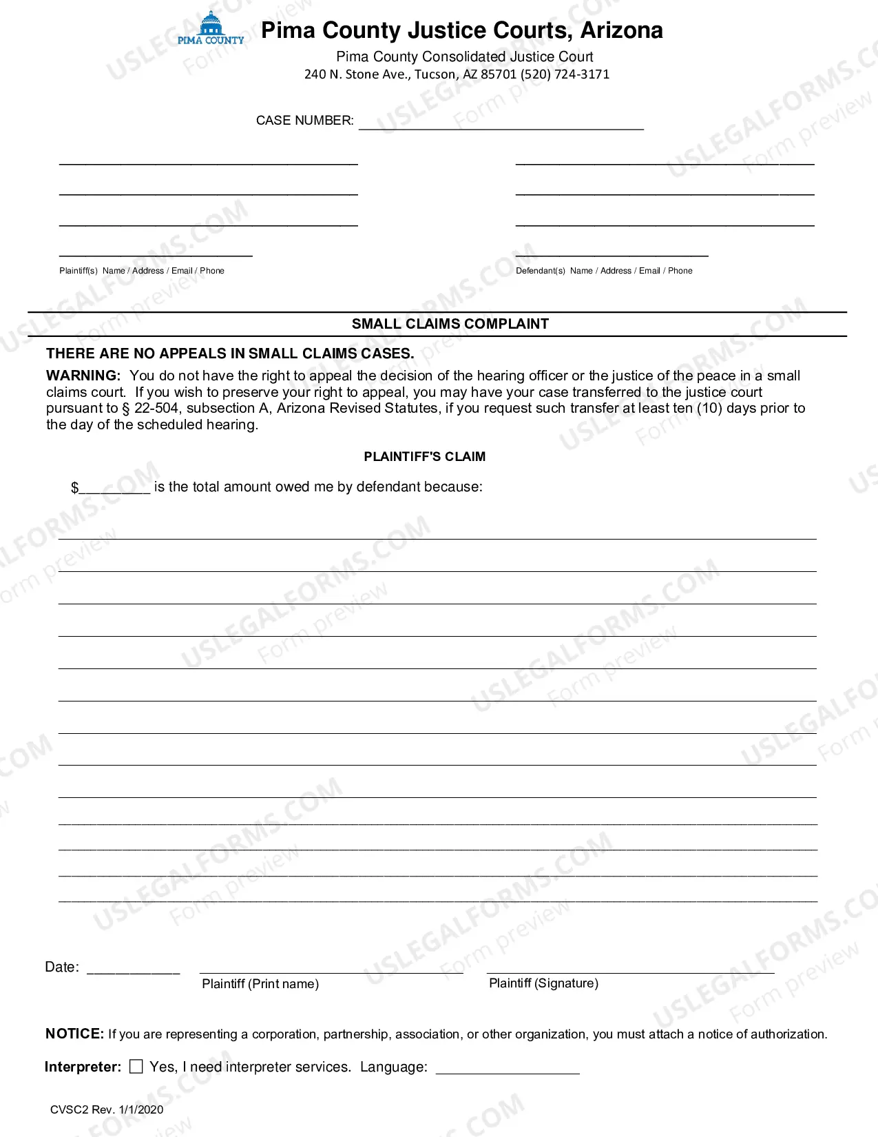 Preview Small Claims Summons and Complaint, and Instructions for Plaintiff