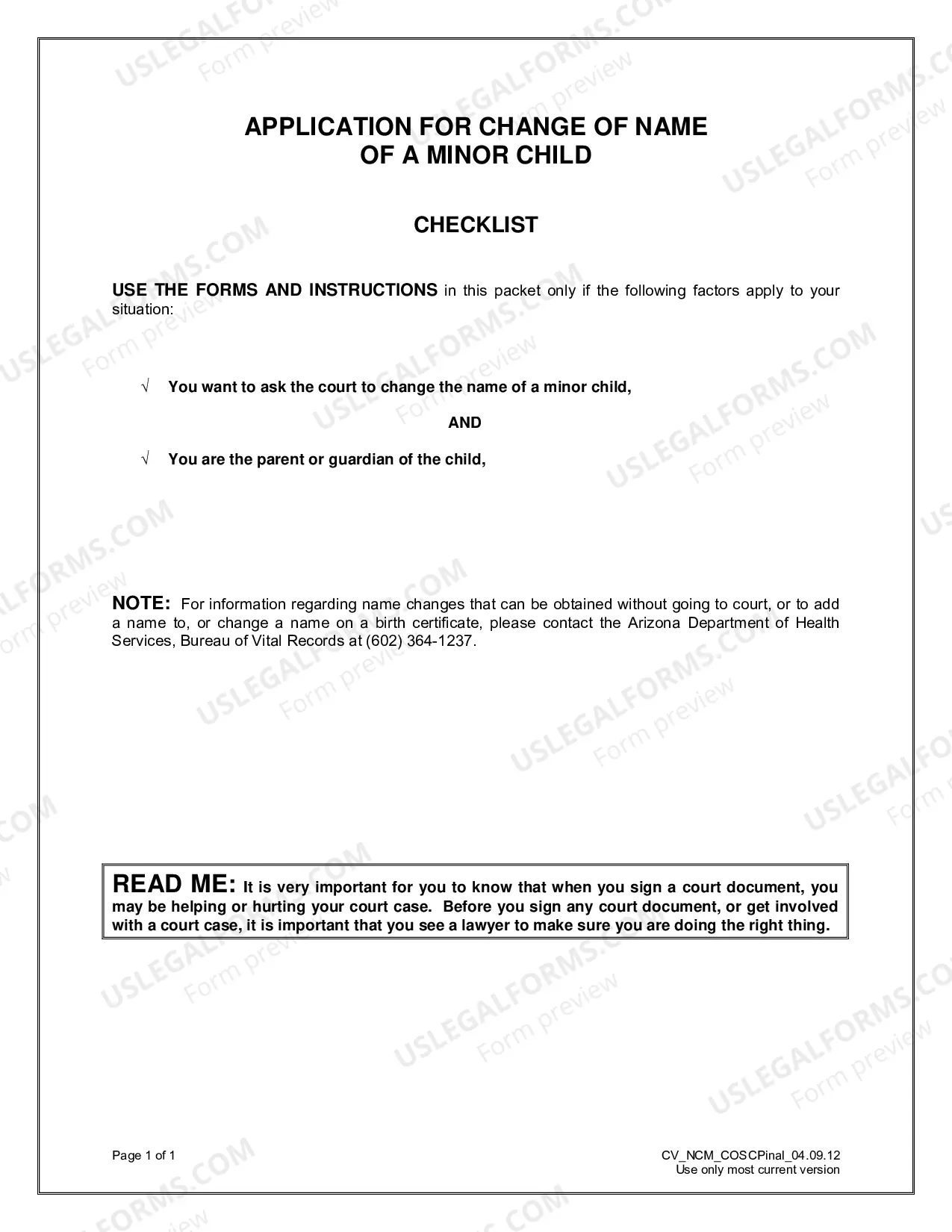 Preview Name Change Packet for Minor Child