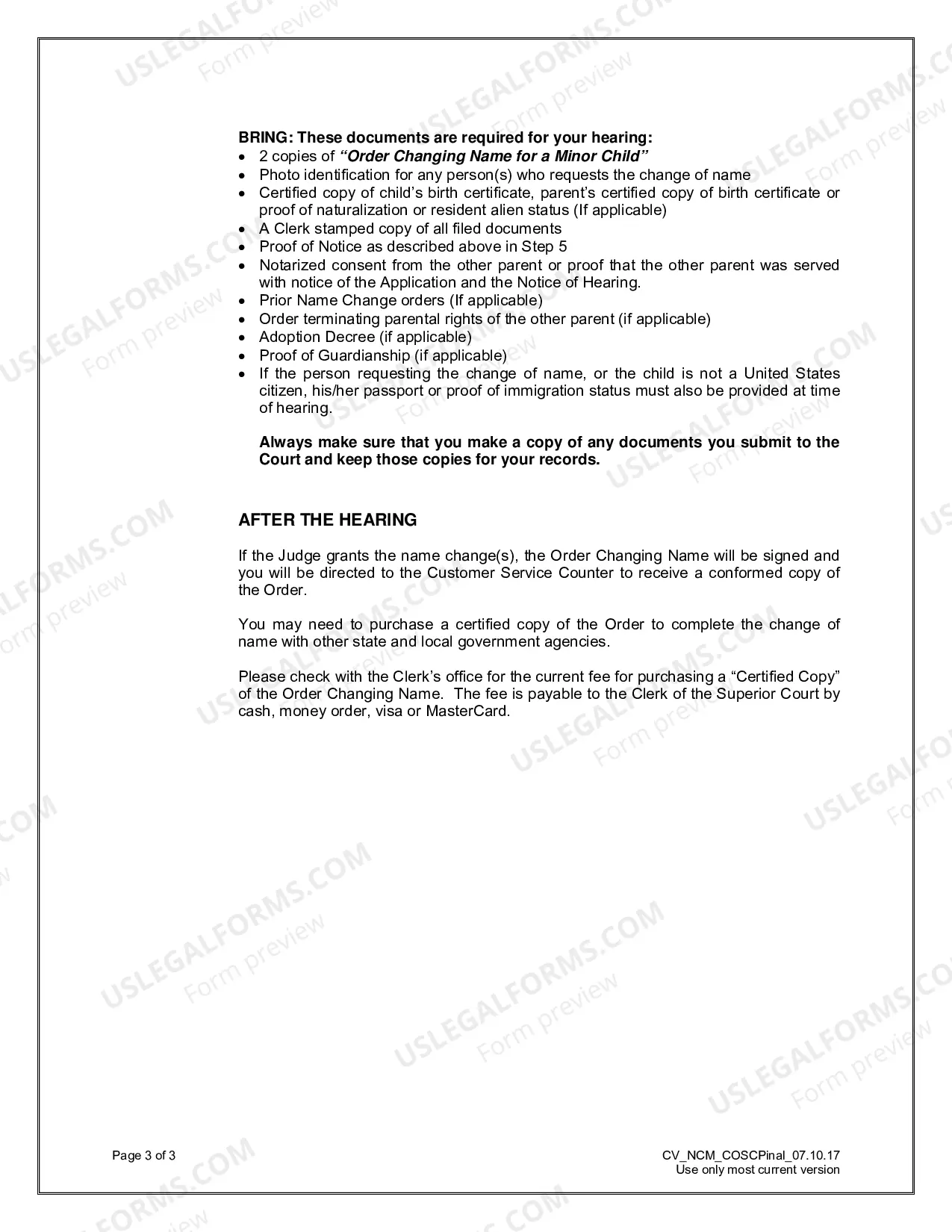 Preview Name Change Packet for Minor Child
