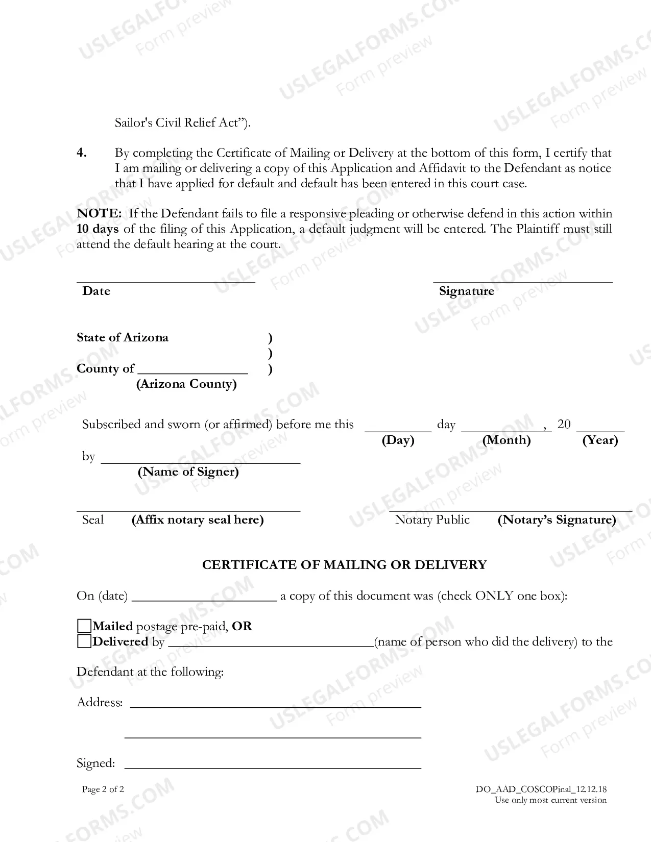 Preview Application and Affidavit for Default
