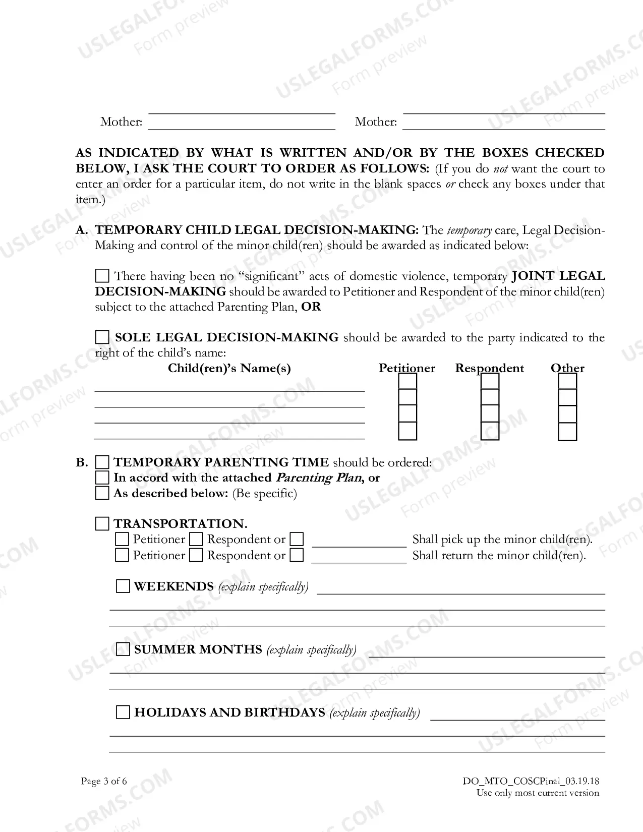 Preview Motion for Temporary Orders