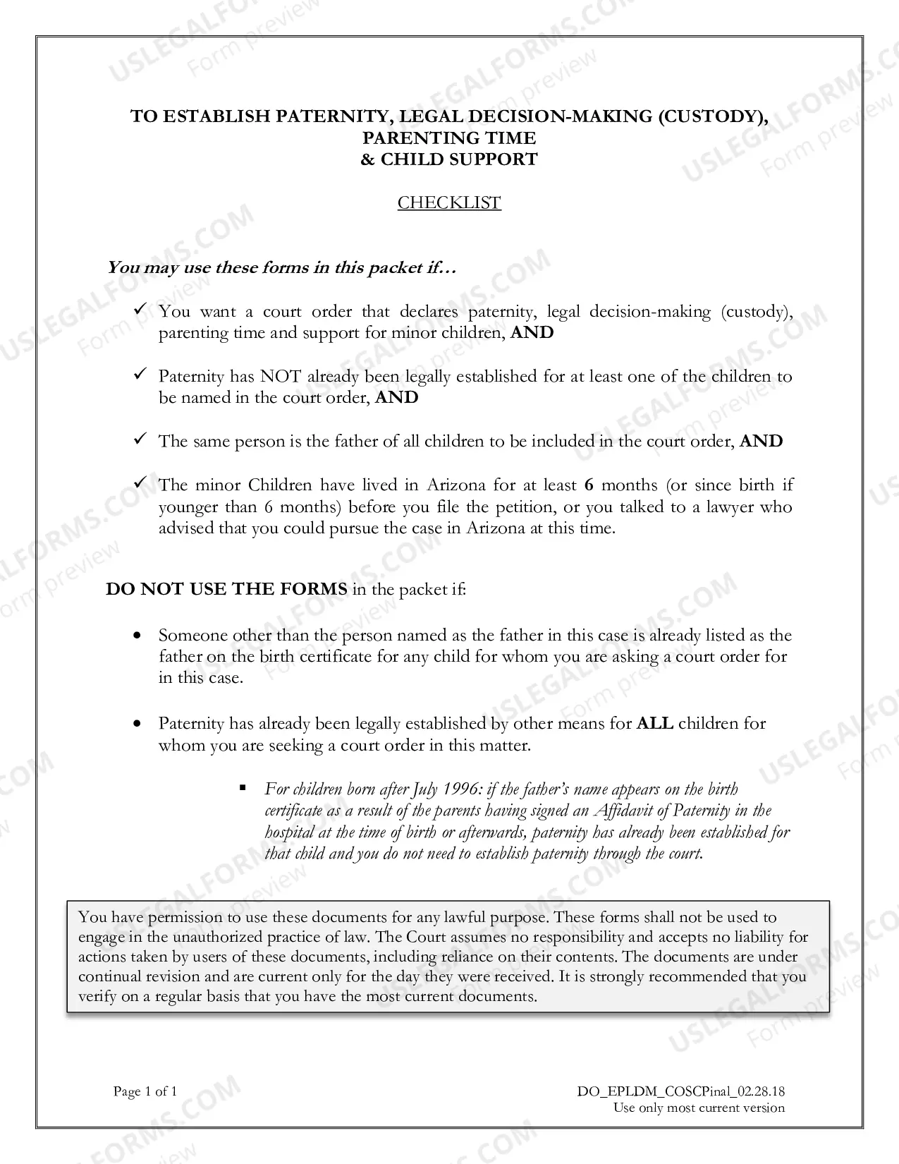 Preview Establish Paternity, Legal Decision-Making (Custody), Parenting Time & Child Support