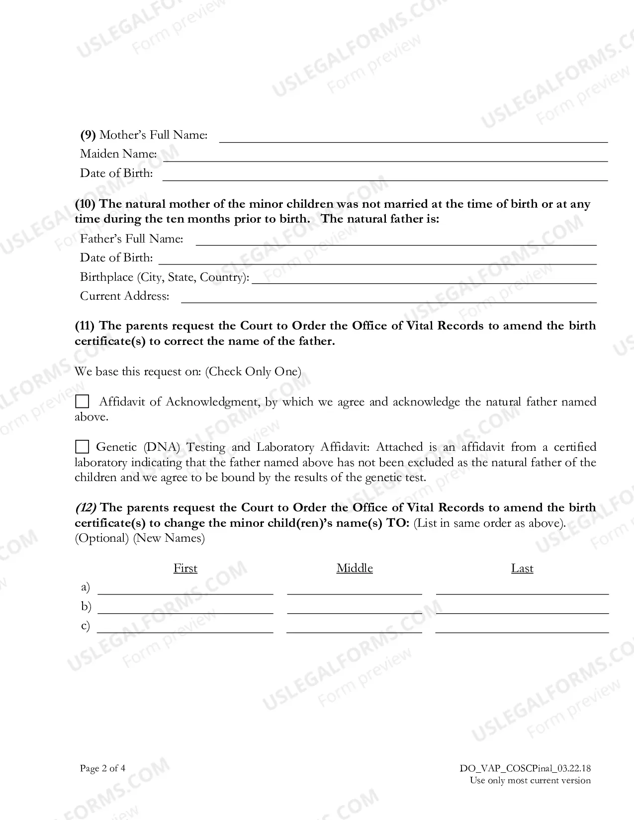Preview Voluntary Acknowledgment of Paternity