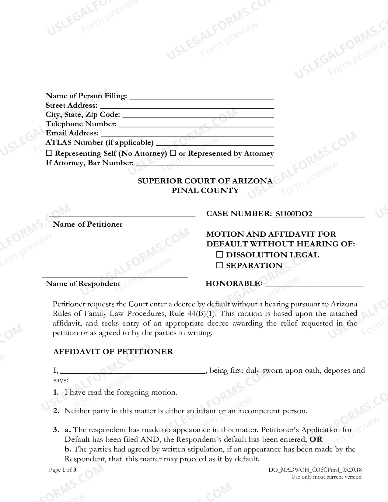 Preview Motion and Affidavit for Default without a Hearing