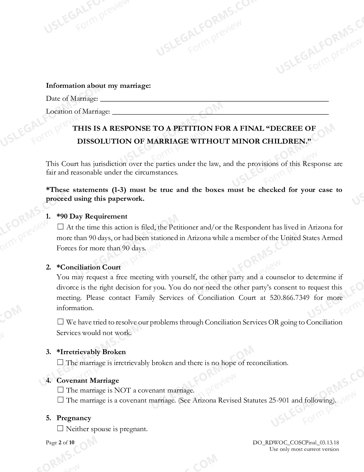 Preview Response to Petition for Divorce without Children