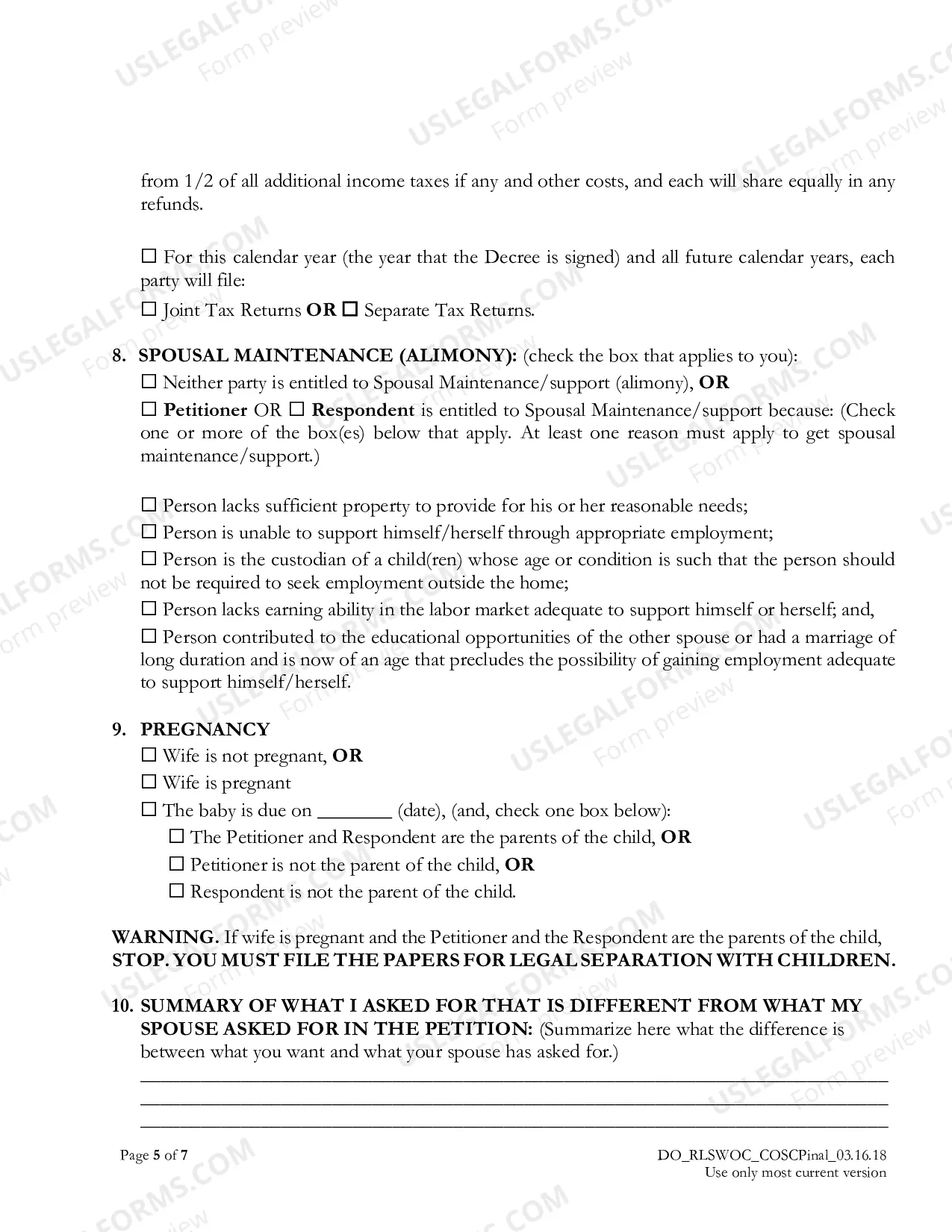 Preview Response to Petition for Legal Separation without Children