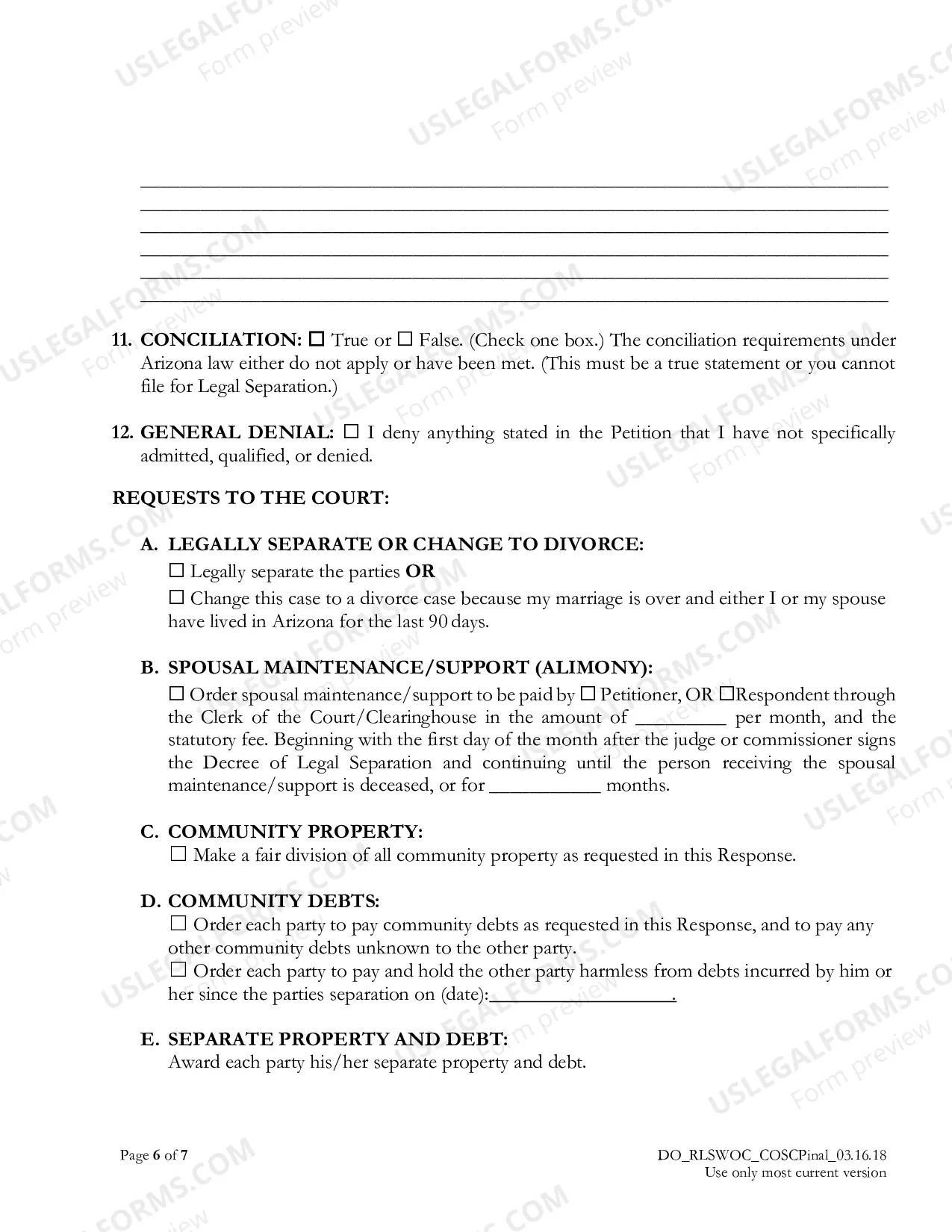 Preview Response to Petition for Legal Separation without Children