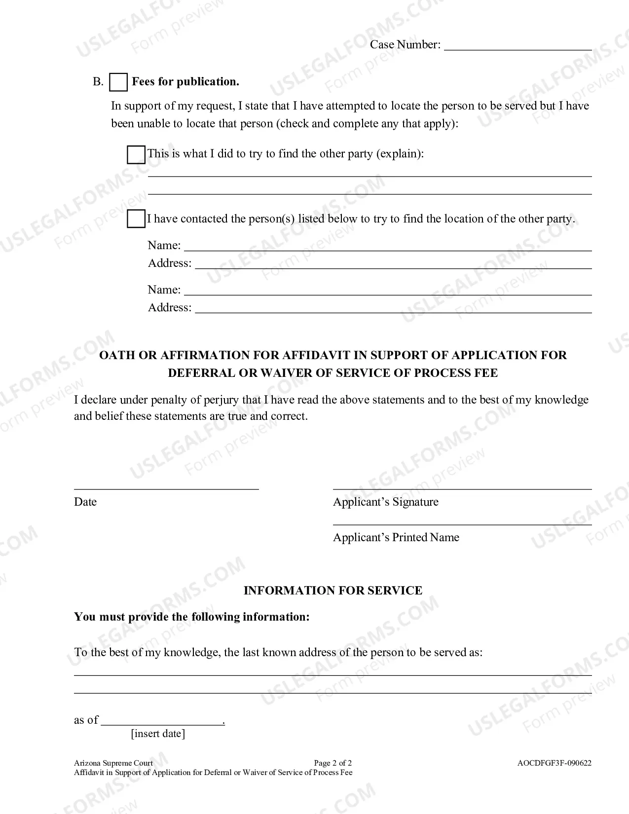 Preview Affidavit in Support of Application for Deferral or Waiver of Service of Process Fees