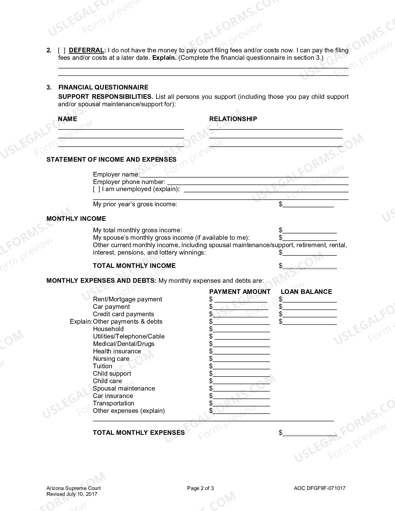 Preview Supplemental Application for Deferral or Waiver of Court Fees and/or Costs