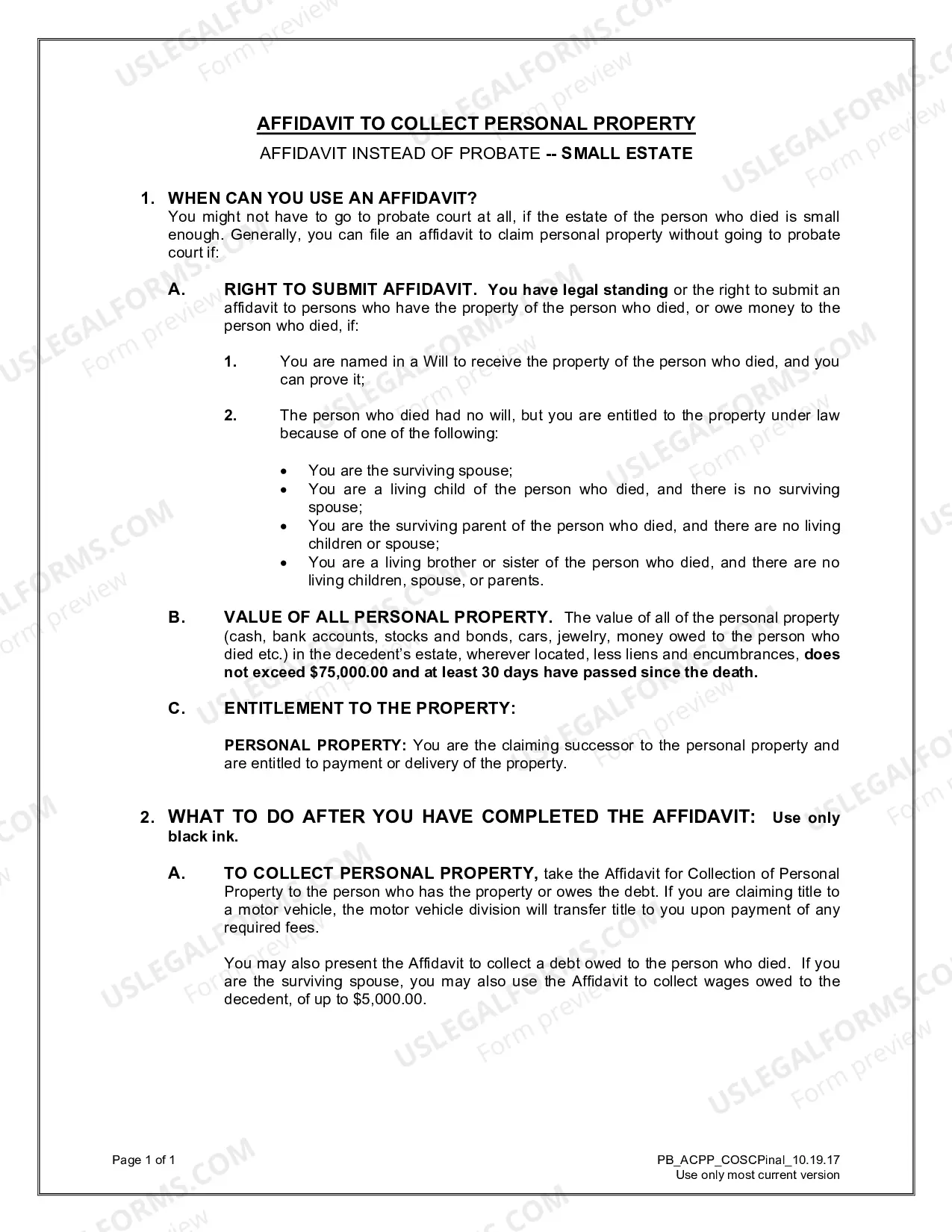 Preview Affidavit For Collection Of Personal Property Package