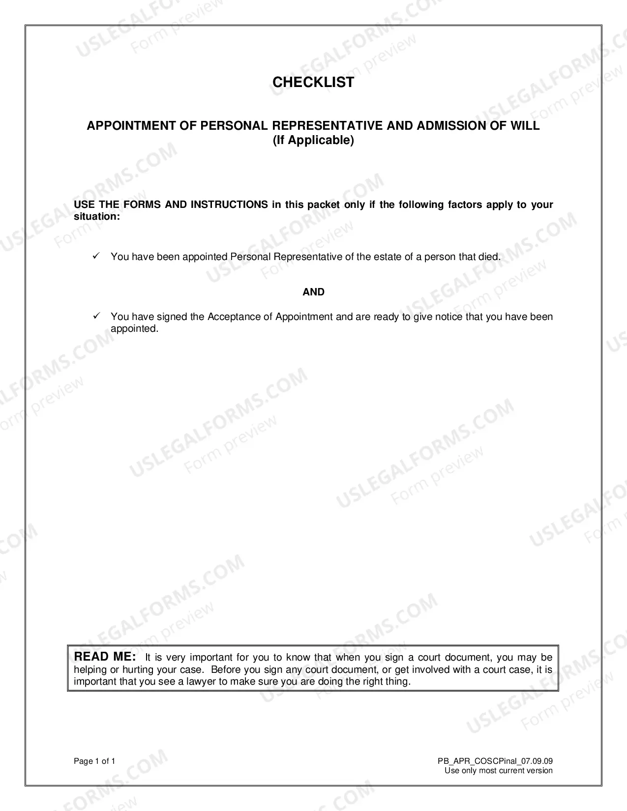 Preview Appointment as Personal Representative