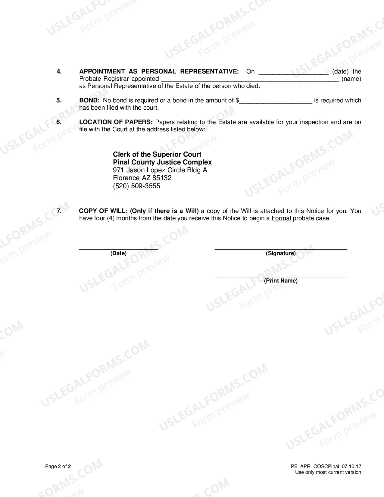 Preview Appointment as Personal Representative