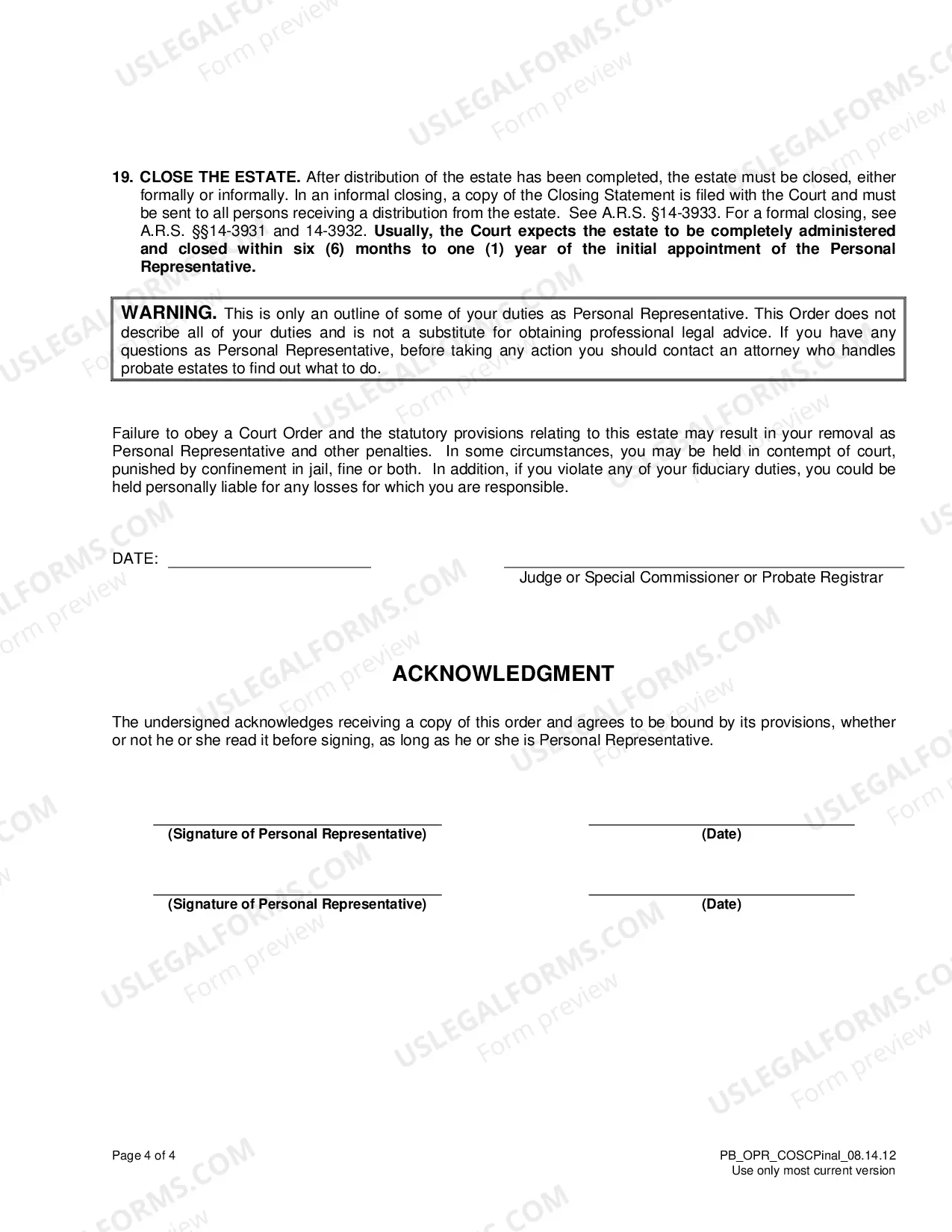 Preview Order to Personal Representative