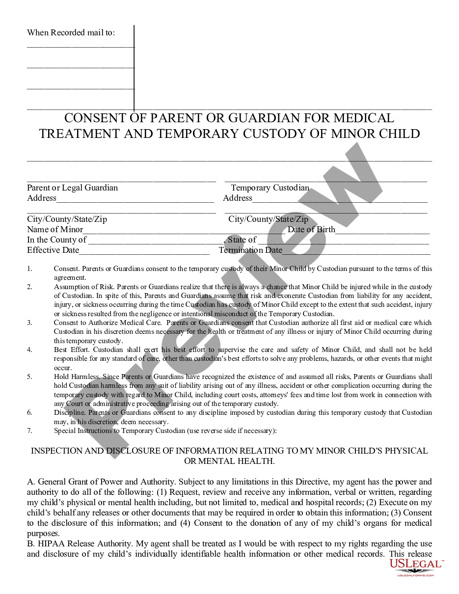 form Consent of Parent or Guardian for Medical Treatment and Temporary Custody preview