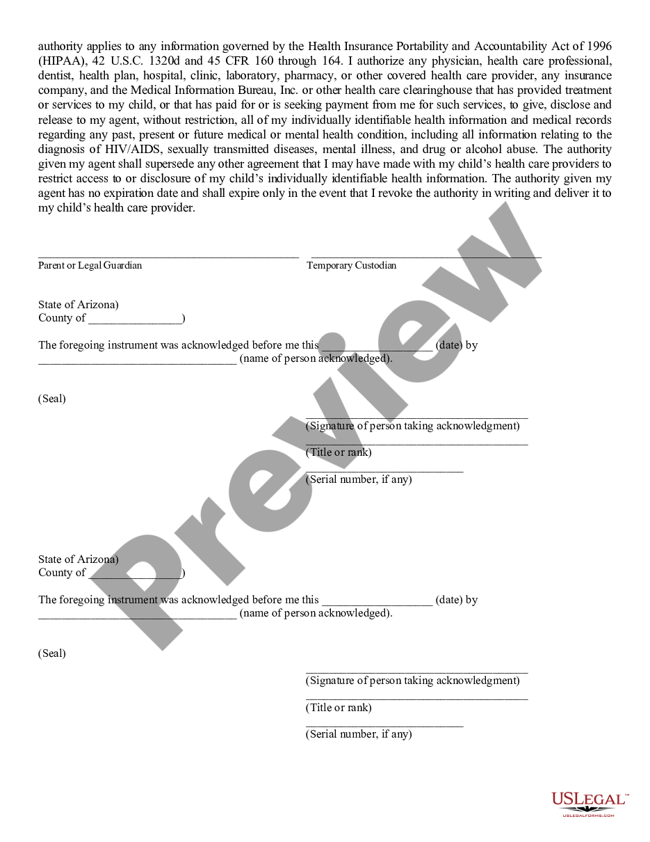page 1 Consent of Parent or Guardian for Medical Treatment and Temporary Custody preview