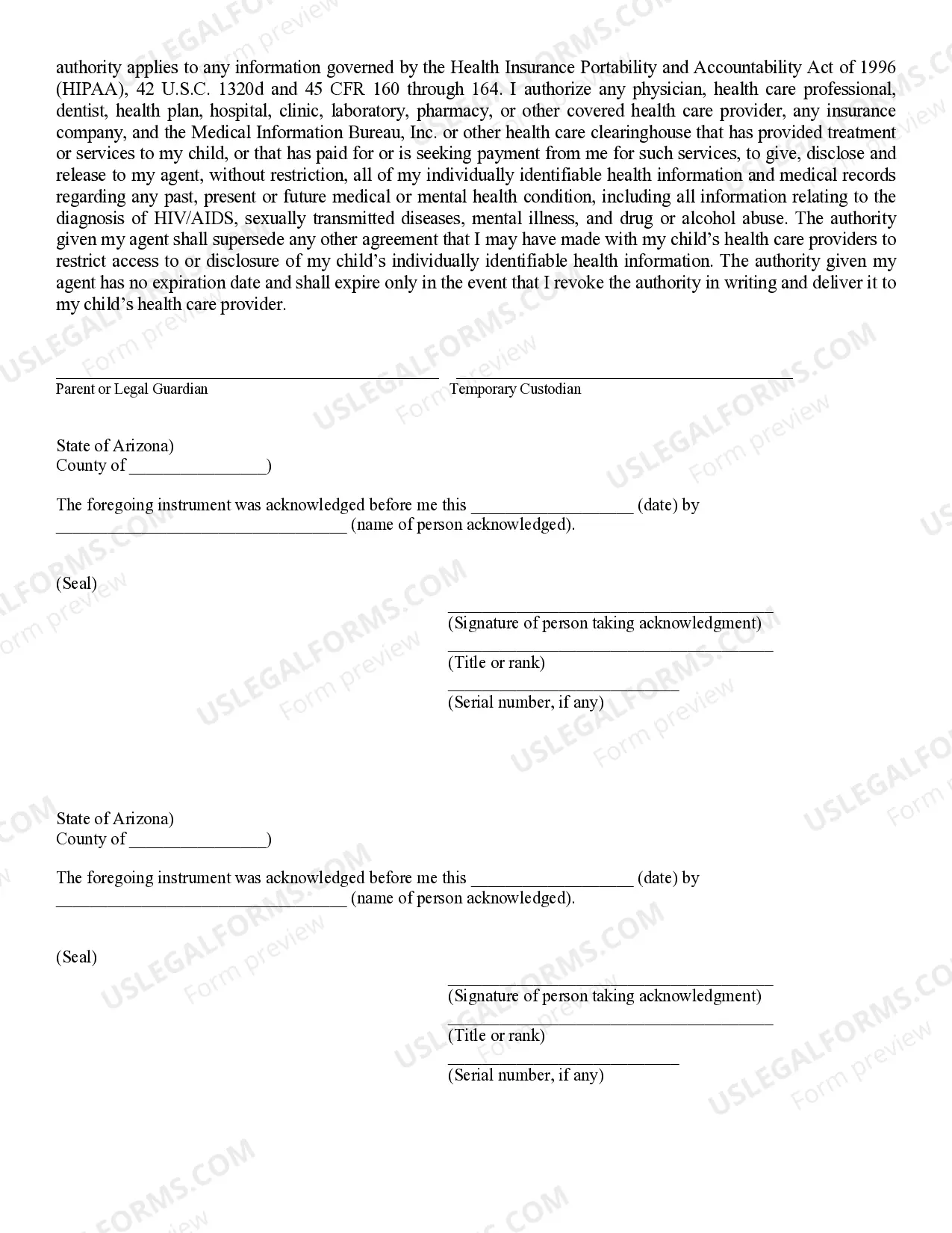Preview Consent of Parent or Guardian for Medical Treatment and Temporary Custody