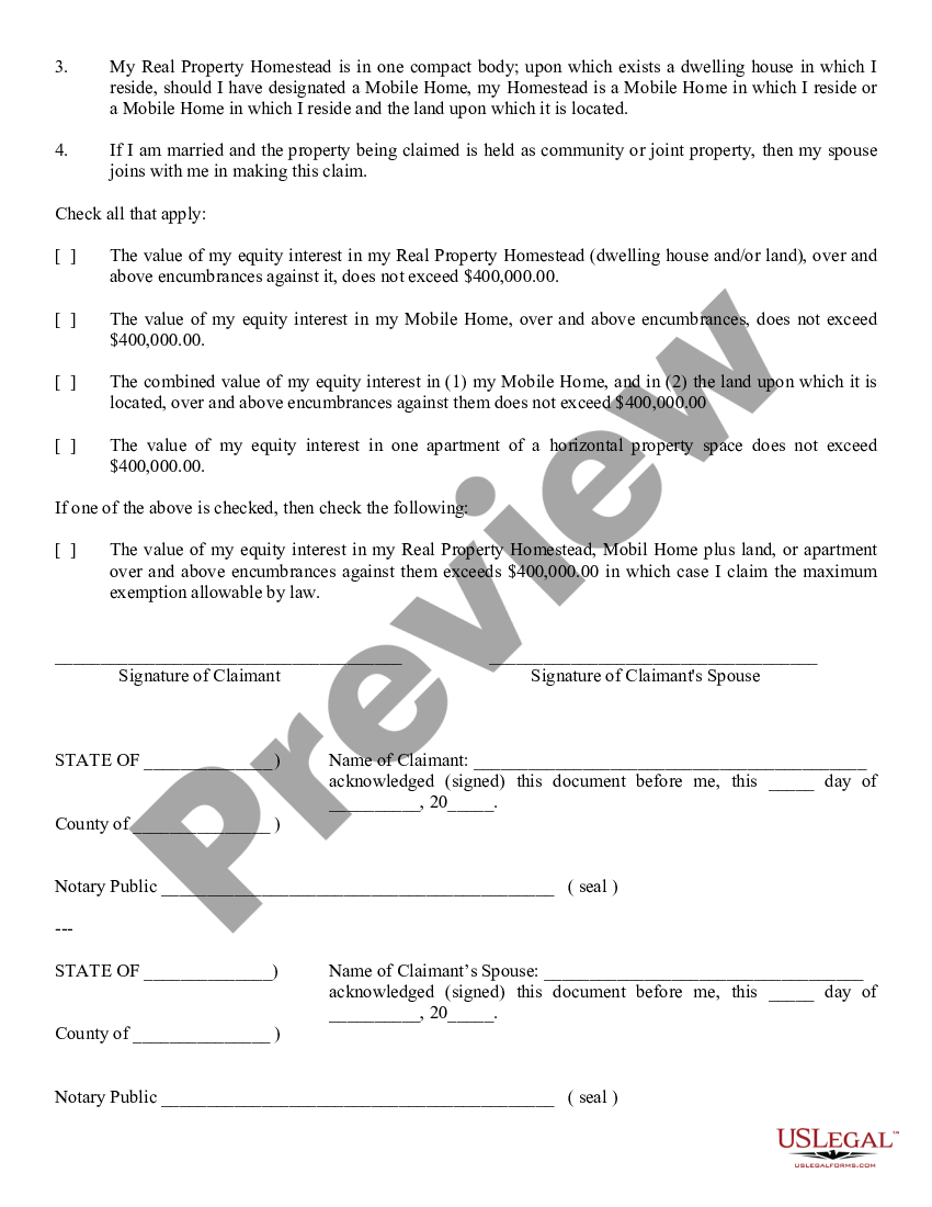 Arizona Declaration and Claim of Homestead Arizona Homestead