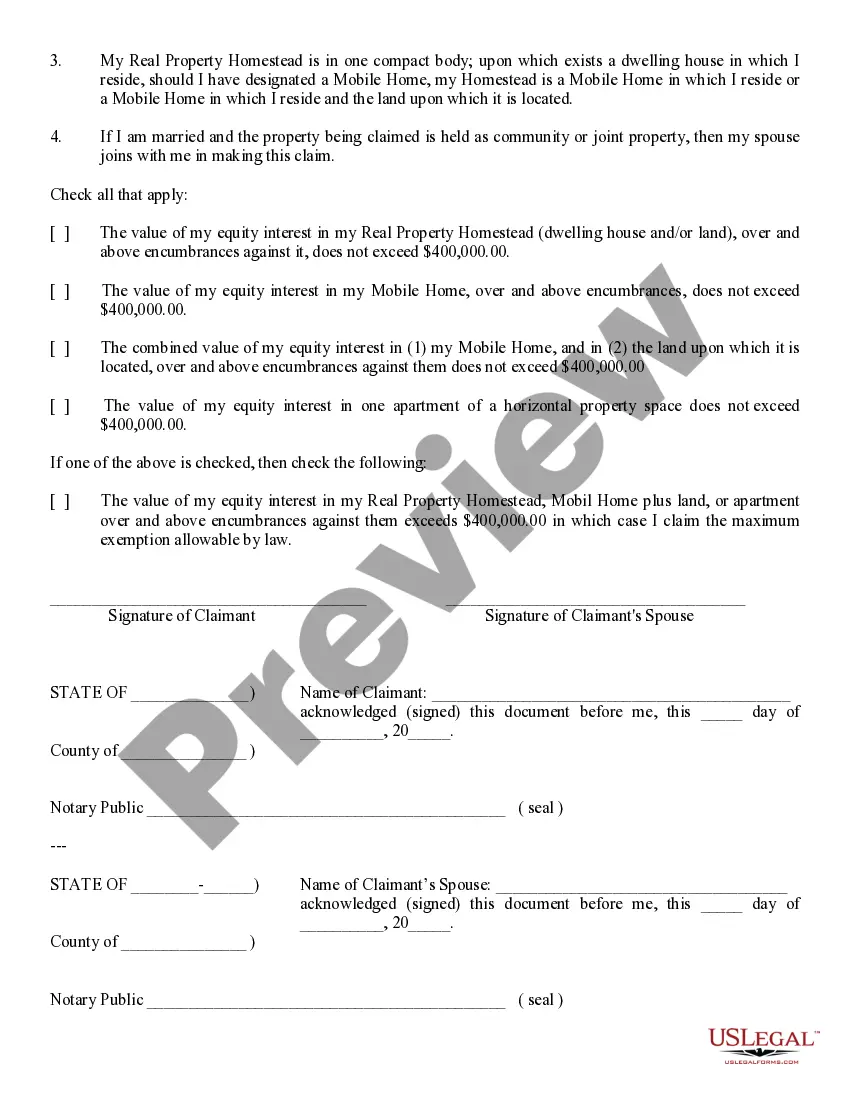 Preview Declaration and Claim of Homestead