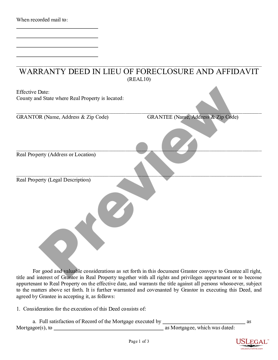 page 0 Warranty Deed in Lieu of Foreclosure and Affidavit preview