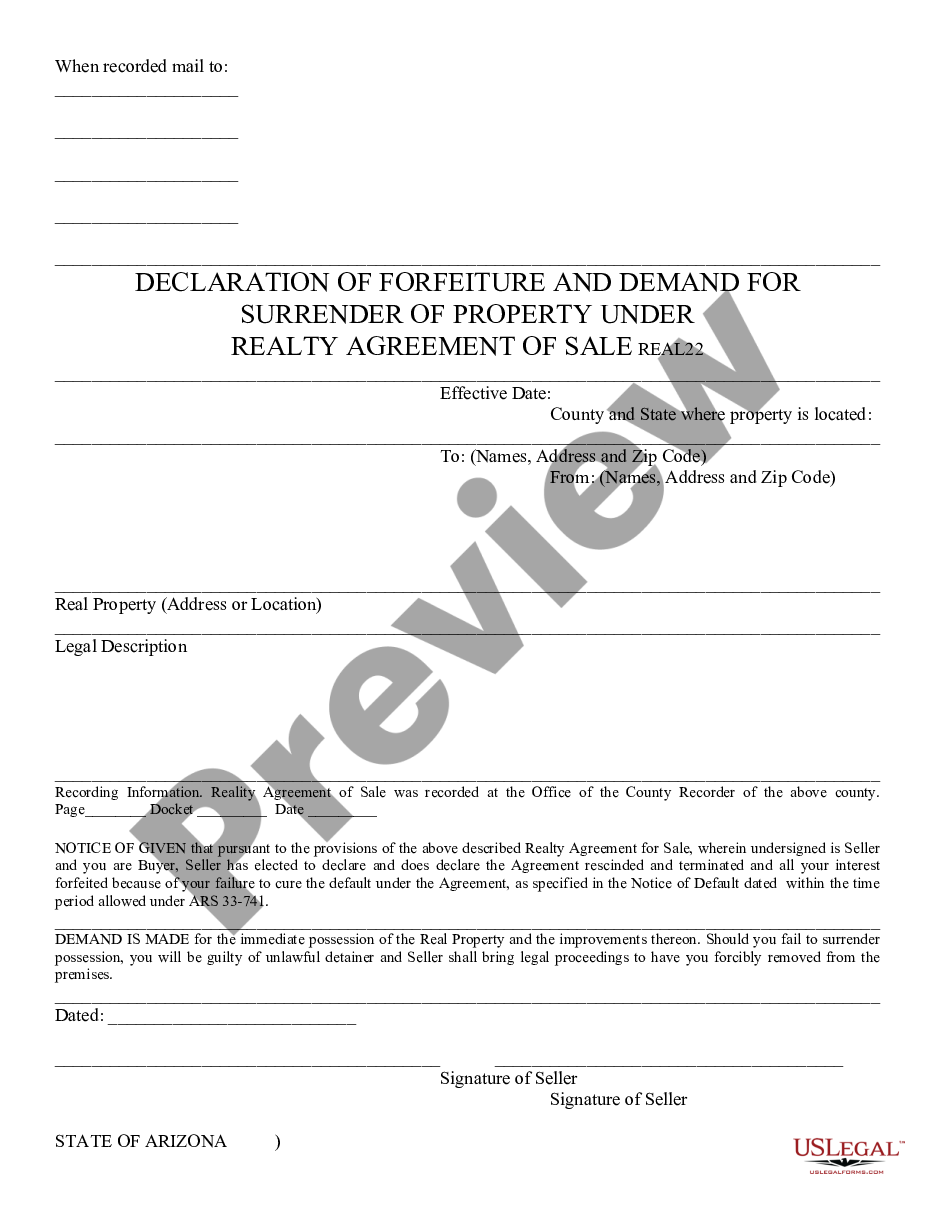 form Declaration of Forfeiture and Demand for Surrender of Property Under Realty Agreement for Sale preview