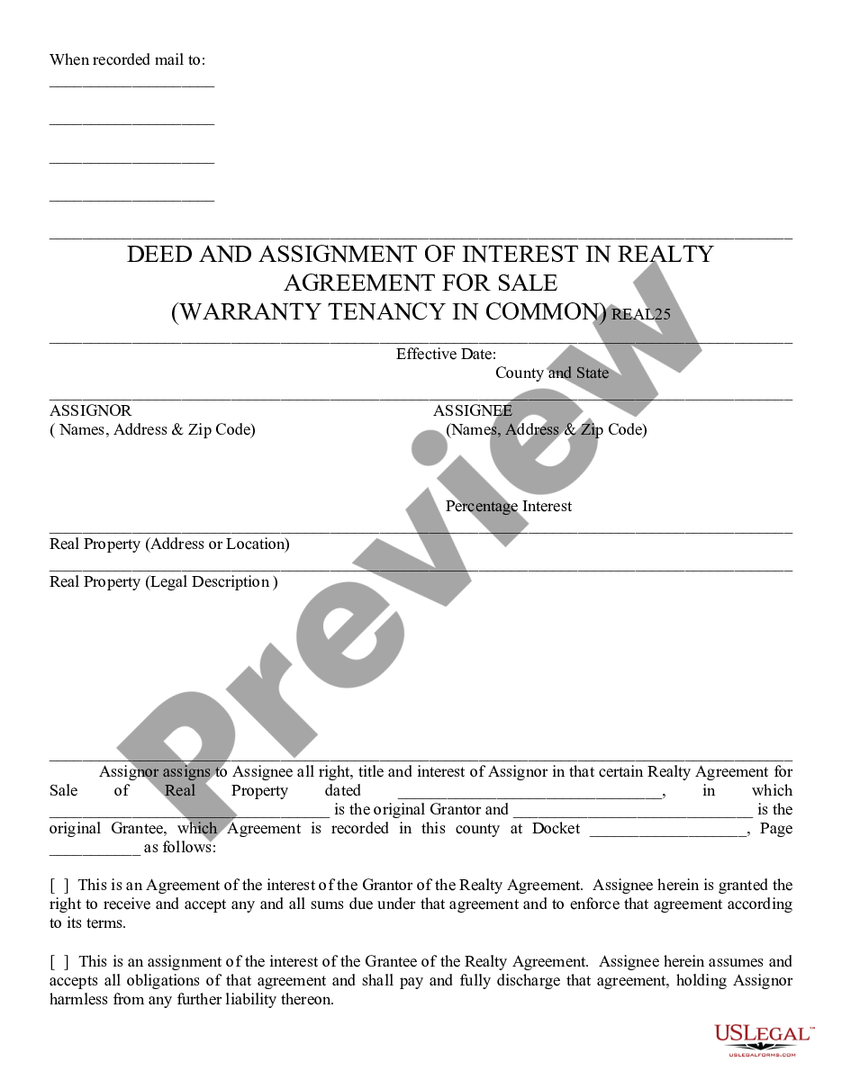page 0 Deed and Assignment of Interest in Realty Agreement for Sale - Warranty Tenancy in Common preview