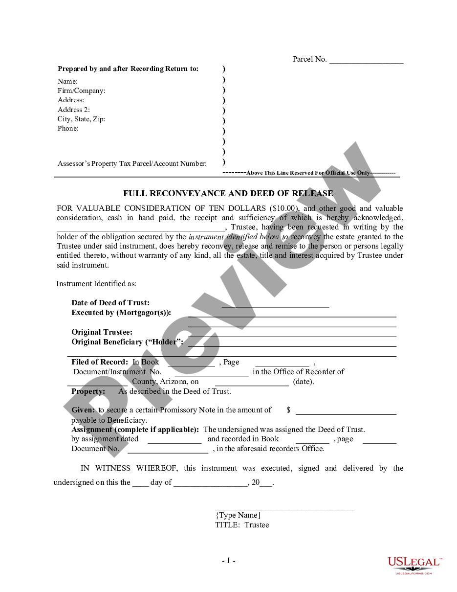 page 0 Full Reconveyance and Deed of Release - Satisfaction, Release or Cancellation of Deed of Trust by Individual preview