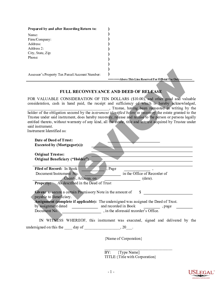 page 0 Full Reconveyance and Deed of Release - Satisfaction, Release or Cancellation of Deed of Trust by Corporation preview