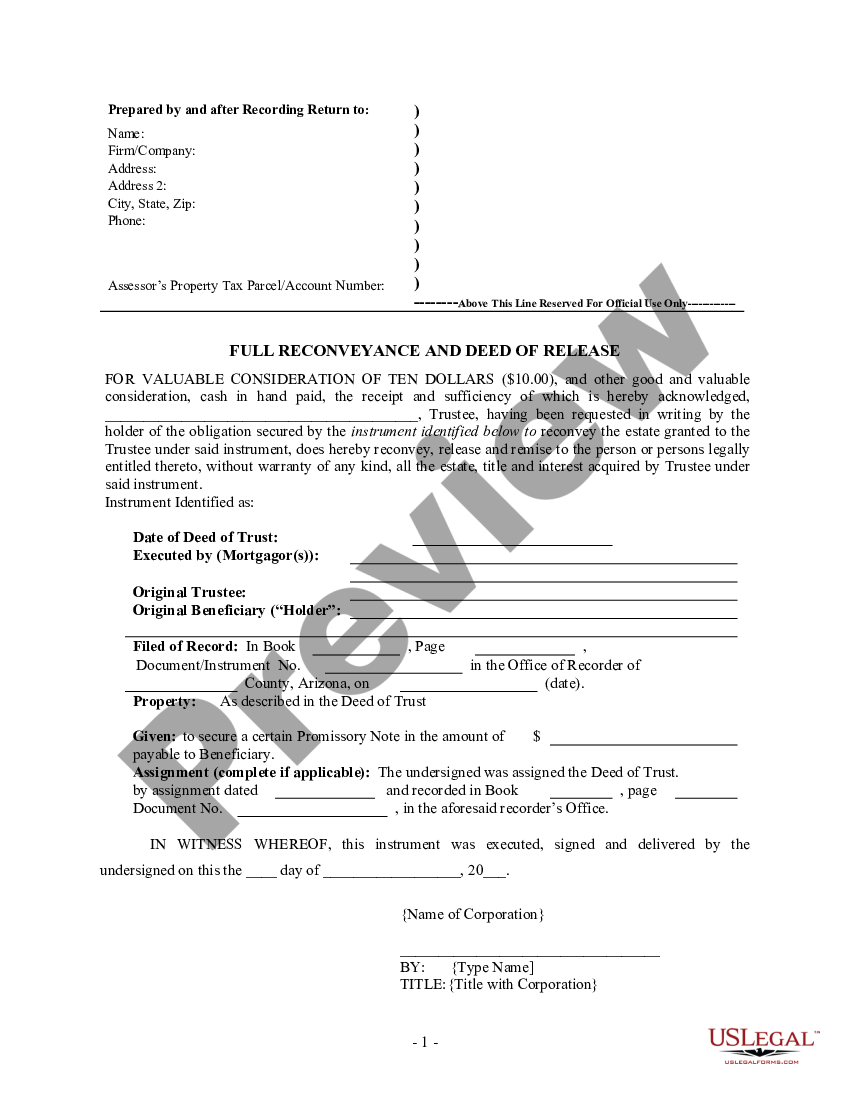 Arizona Full Reconveyance and Deed of Release - Satisfaction - Deed Of ...