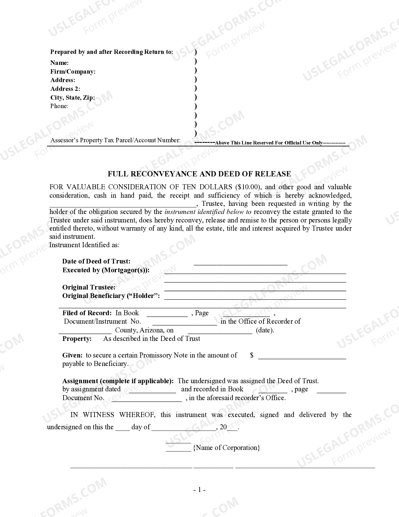 Arizona Full Reconveyance and Deed of Release Satisfaction Deed Of