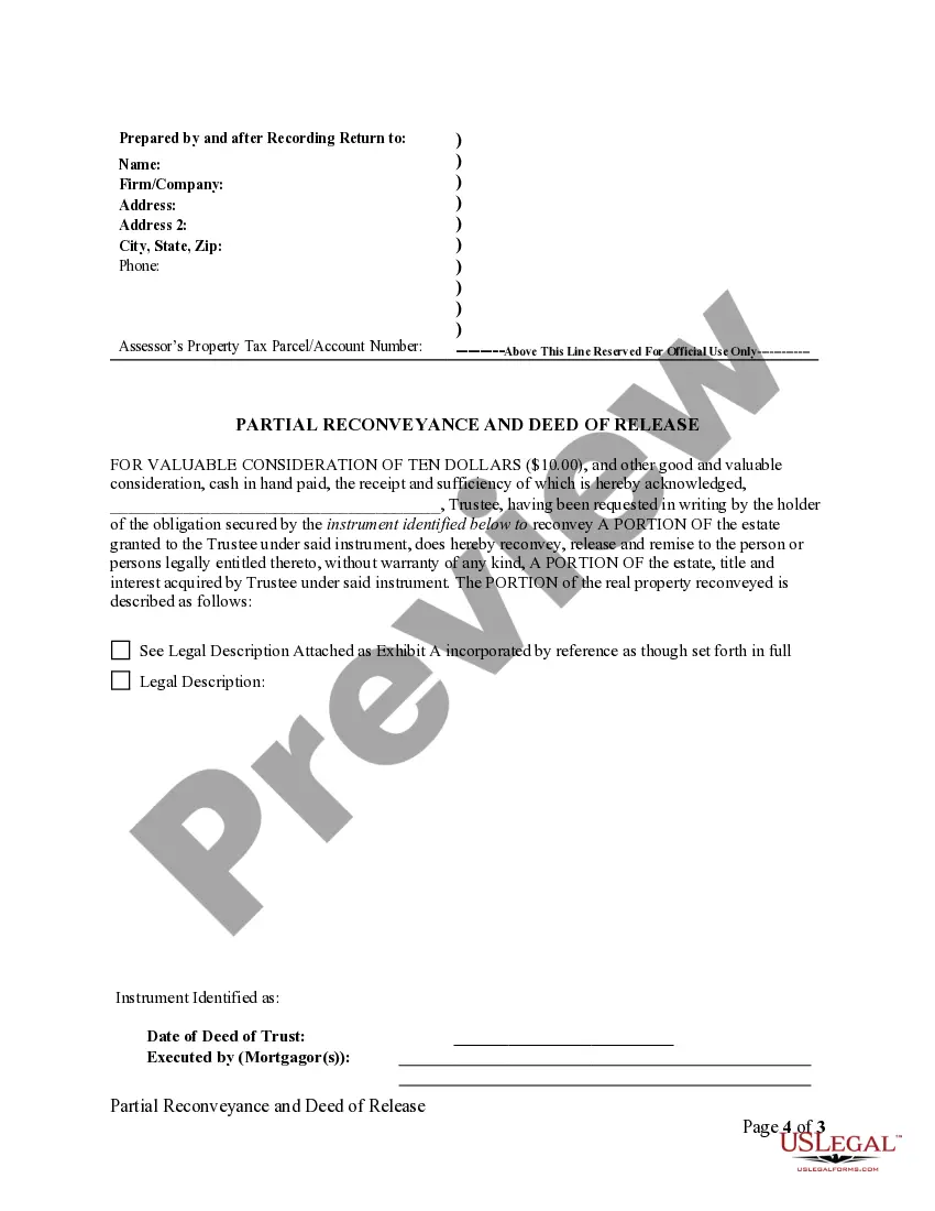 Preview Partial Release of Property From Deed of Trust for Individual