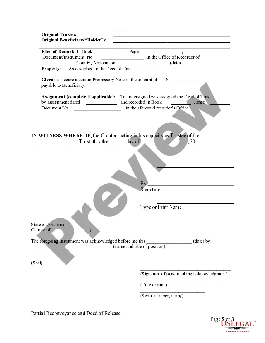 Preview Partial Release of Property From Deed of Trust for Individual