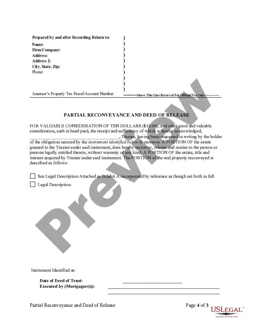 Preview Partial Release of Property From Deed of Trust for Corporation