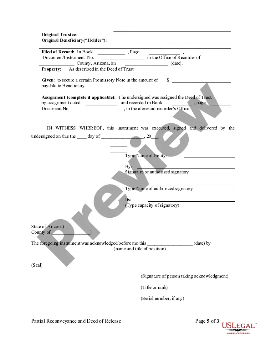 Preview Partial Release of Property From Deed of Trust for Corporation