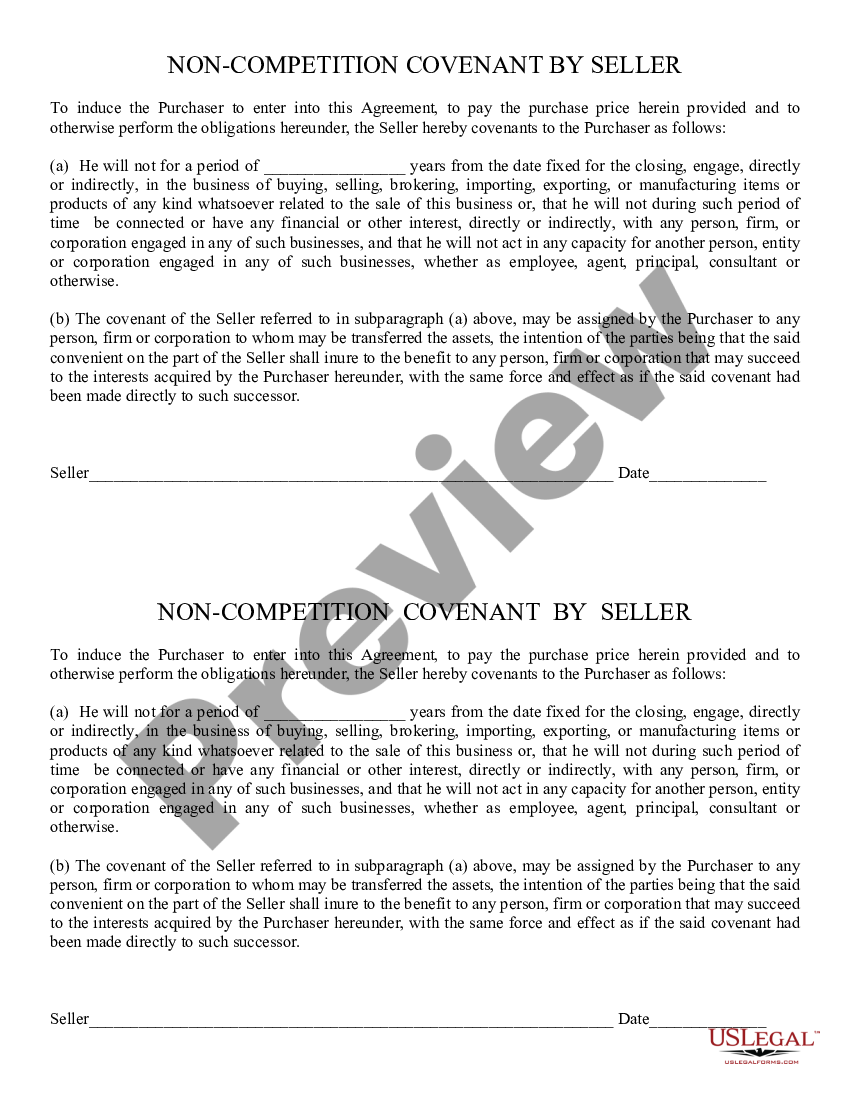 form Noncompetition Covenant by Seller preview